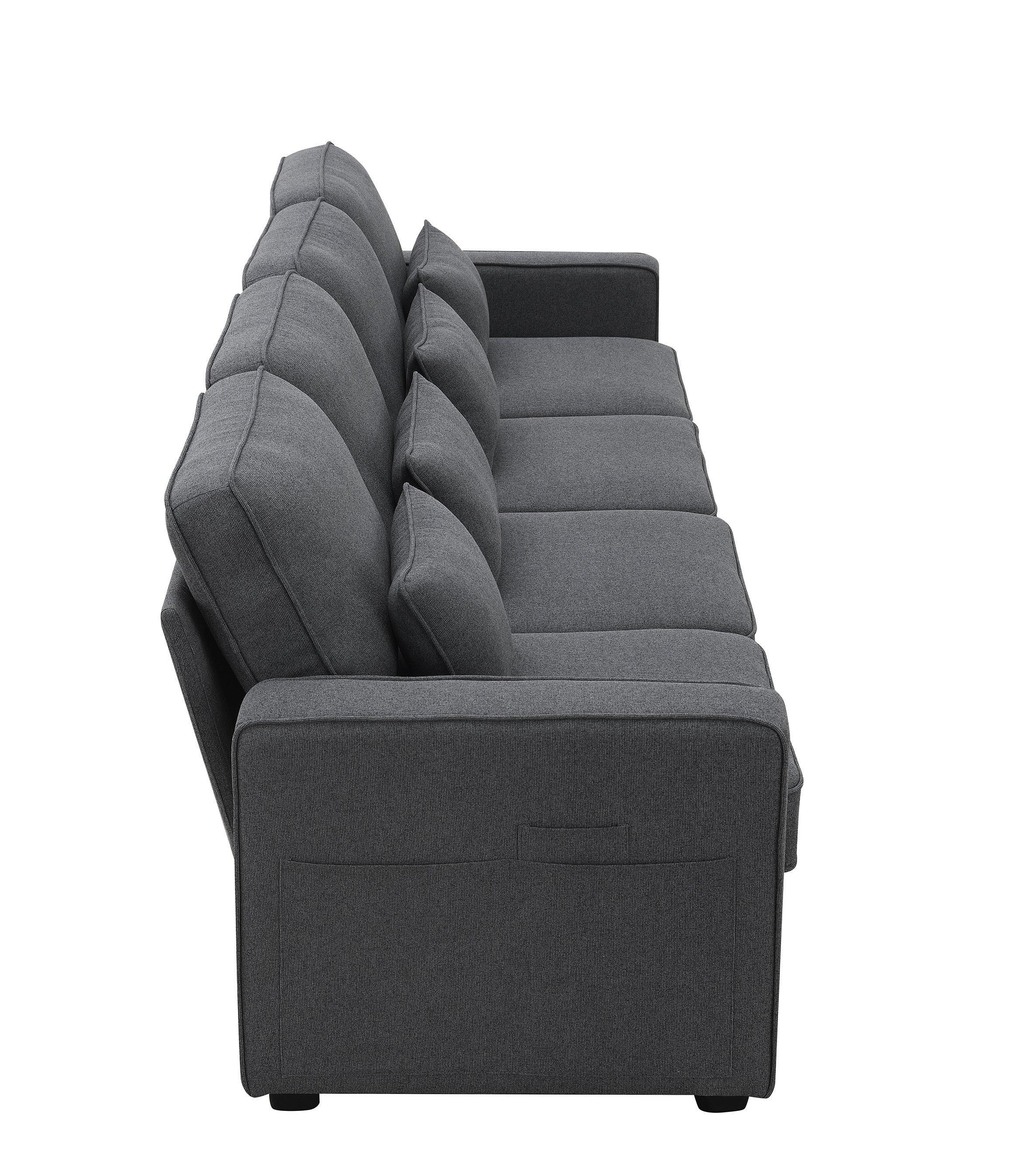 Modern 4-Seater Linen Fabric Sofa with Armrest Storage Pockets & 4 Throw Pillows - Minimalist Living Room Couch for Small Spaces, Apartments and Cozy Home Decor