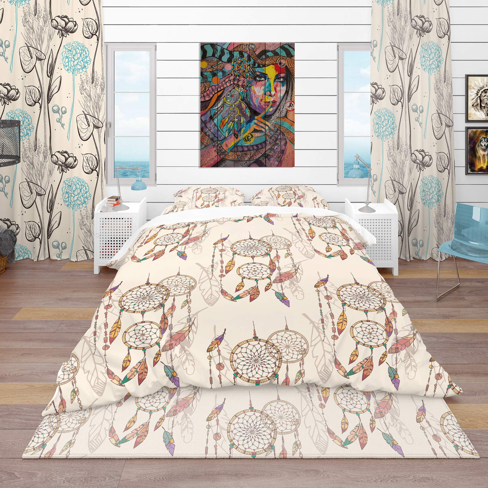 Bohemian Dream Catcher with Beads & Feathers Duvet Cover Set | Southwestern Style Bedding | Perfect for Boho Chic Bedrooms & Guest Rooms