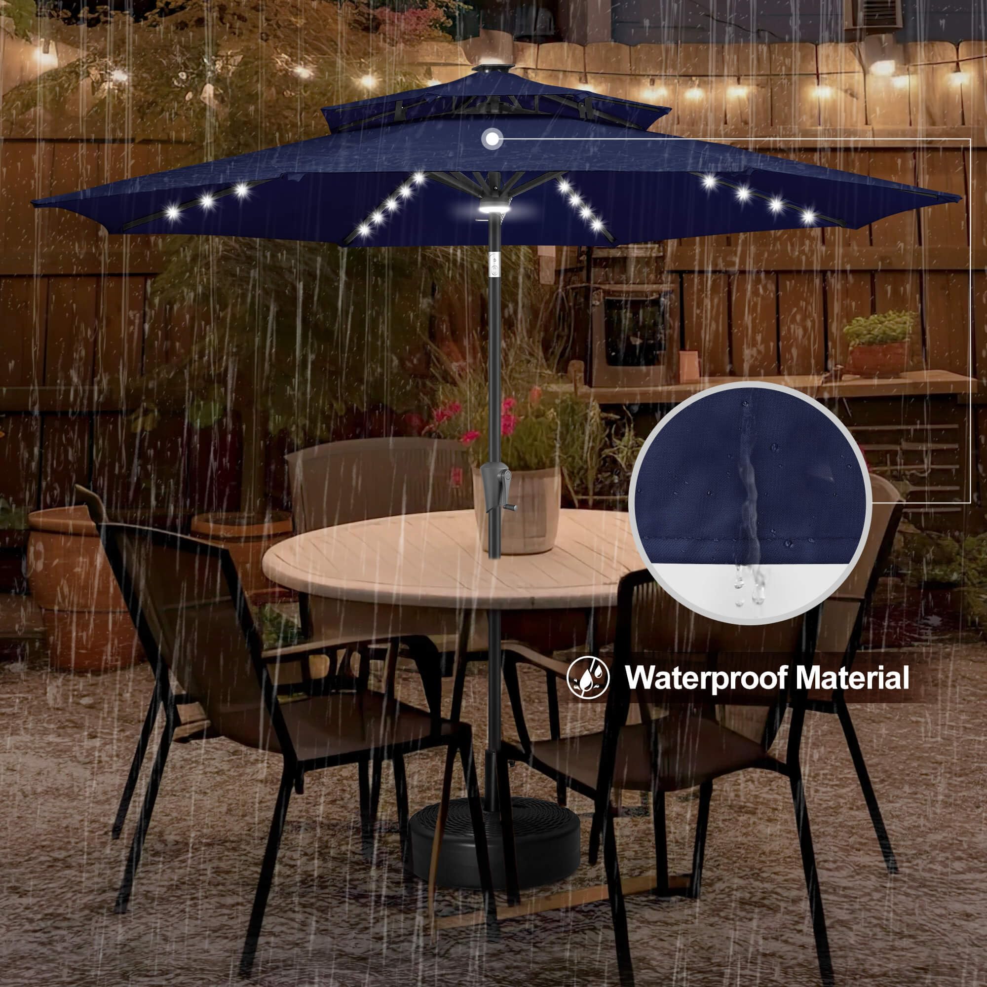 FLAME&SHADE 9ft Solar Powered LED Patio Umbrella with Tilt - Navy Blue Outdoor Market Table Umbrella for Poolside, Garden, and Backyard Dining