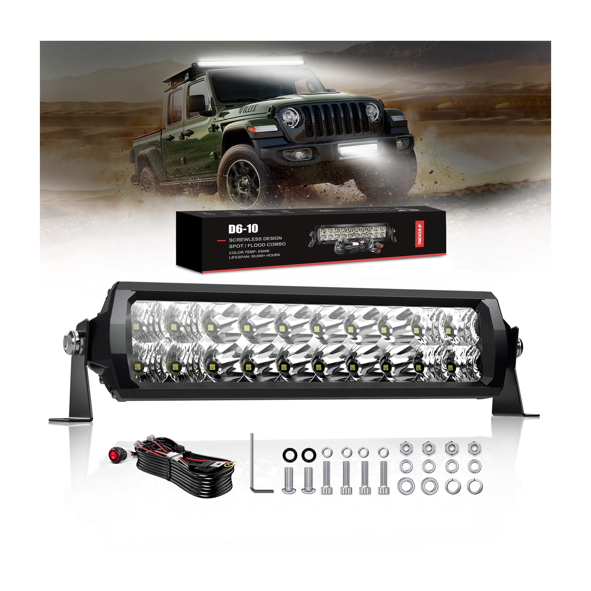 4WDKING 10 Inch LED Light Bar - 90W Dual Row Flood & Spot Combo Beam with DT Connector Wiring Harness Kit - Waterproof Off-Road Lighting for Trucks, Cars, ATV, UTV, Boats - Perfect for Night Driving, Camping & Outdoor Adventures