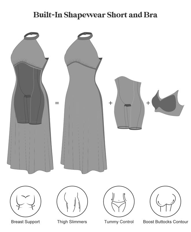 Popilush Shapewear Dress with Built-in Bra - Halter Neck Sleeveless Backless A-Line Midi Dress for Women | Wedding Guest Dress, Evening Party, Cocktail Attire