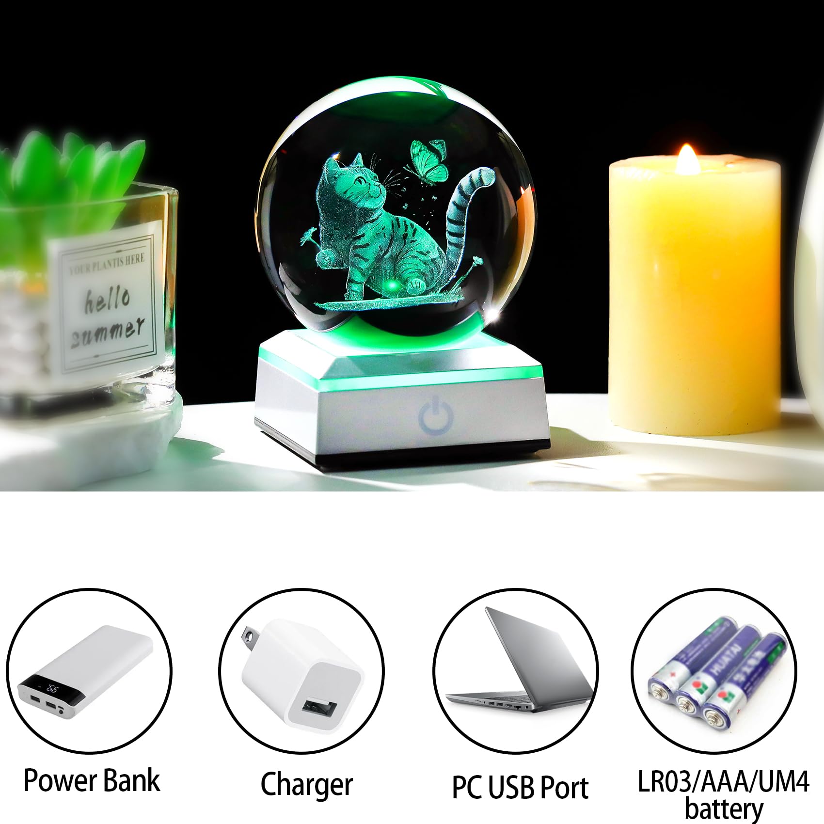 3.15in Crystal Ball Cat Night Light with LED Base - Engraved Cat & Butterflies Design - Perfect Gift for Women, Mom, Cat Lovers - Mother's Day, Birthday, Home Decor - Ideal for Bedroom, Nursery, Office Desk
