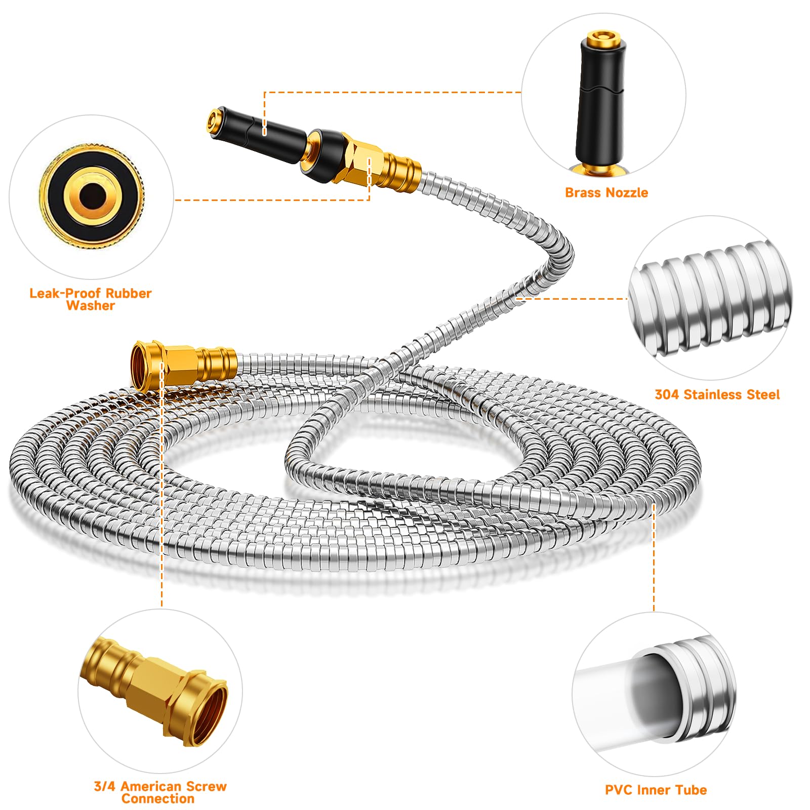 100 FT Expandable Garden Hose - Heavy Duty 304 Stainless Steel Water Hose, Kink-Free & Flexible - Perfect for Lawn Care, Car Washing & Outdoor Watering