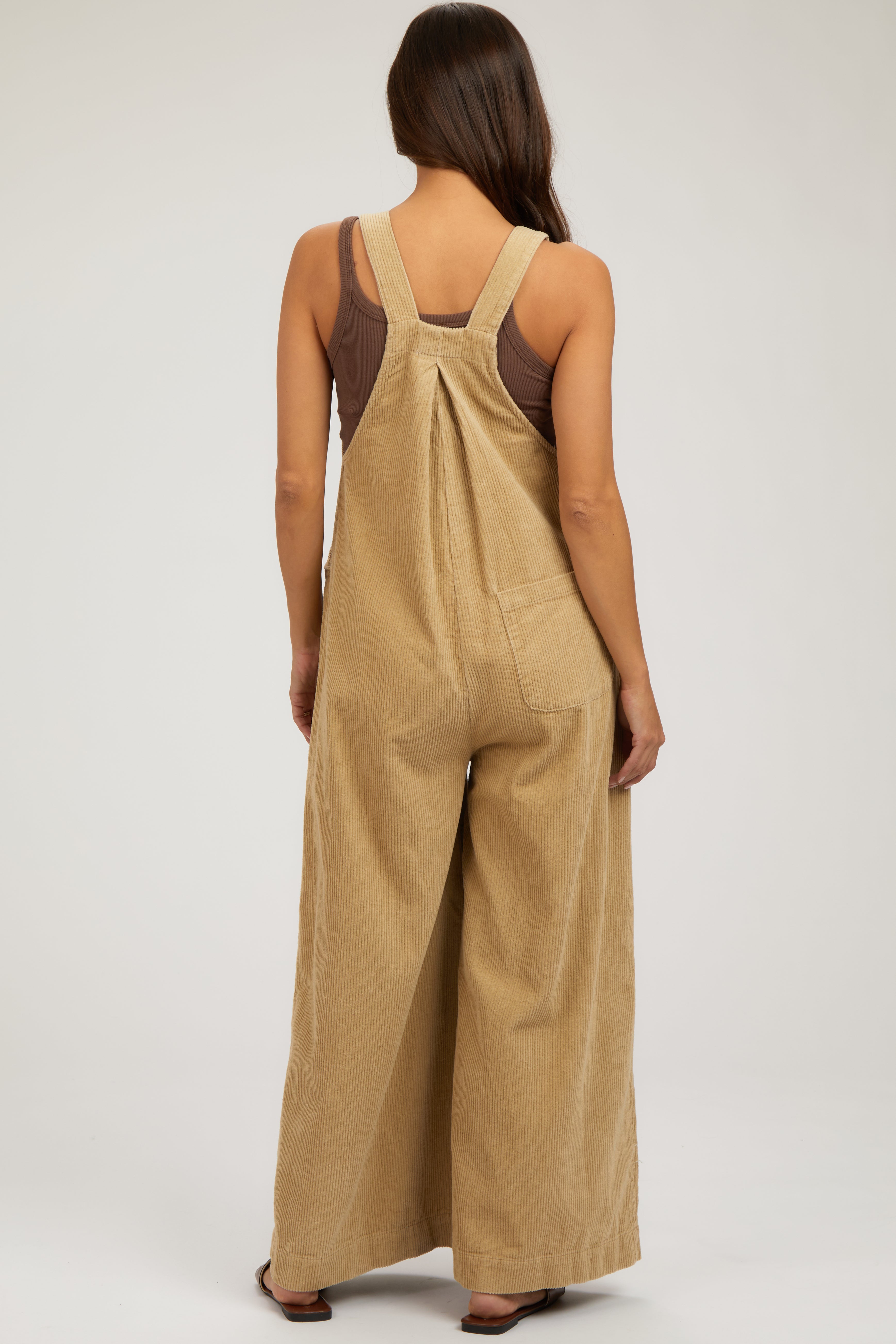 Beige Corduroy Front Pleat Wide Leg Maternity Overalls for Pregnant Women - Comfortable Stretch Denim Jumpsuit for Casual Wear, Nursing & Maternity Photoshoots