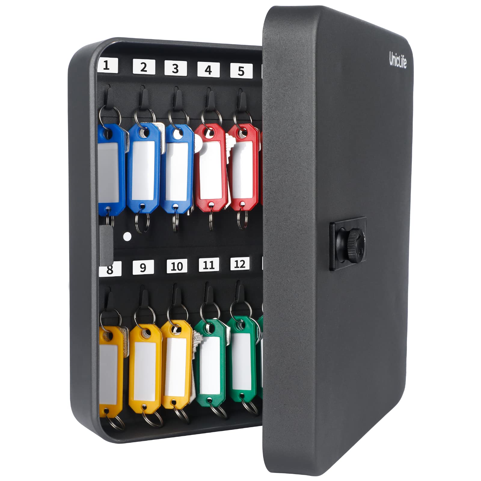 Uniclife 28-Key Steel Key Cabinet with Combination Lock - Wall Mounted Key Organizer with Resettable Code, Black Digital Security Box with Hooks & Large Key Tags (5 Colors) - Perfect for Home, Office, Hotel & Property Management Key Storage