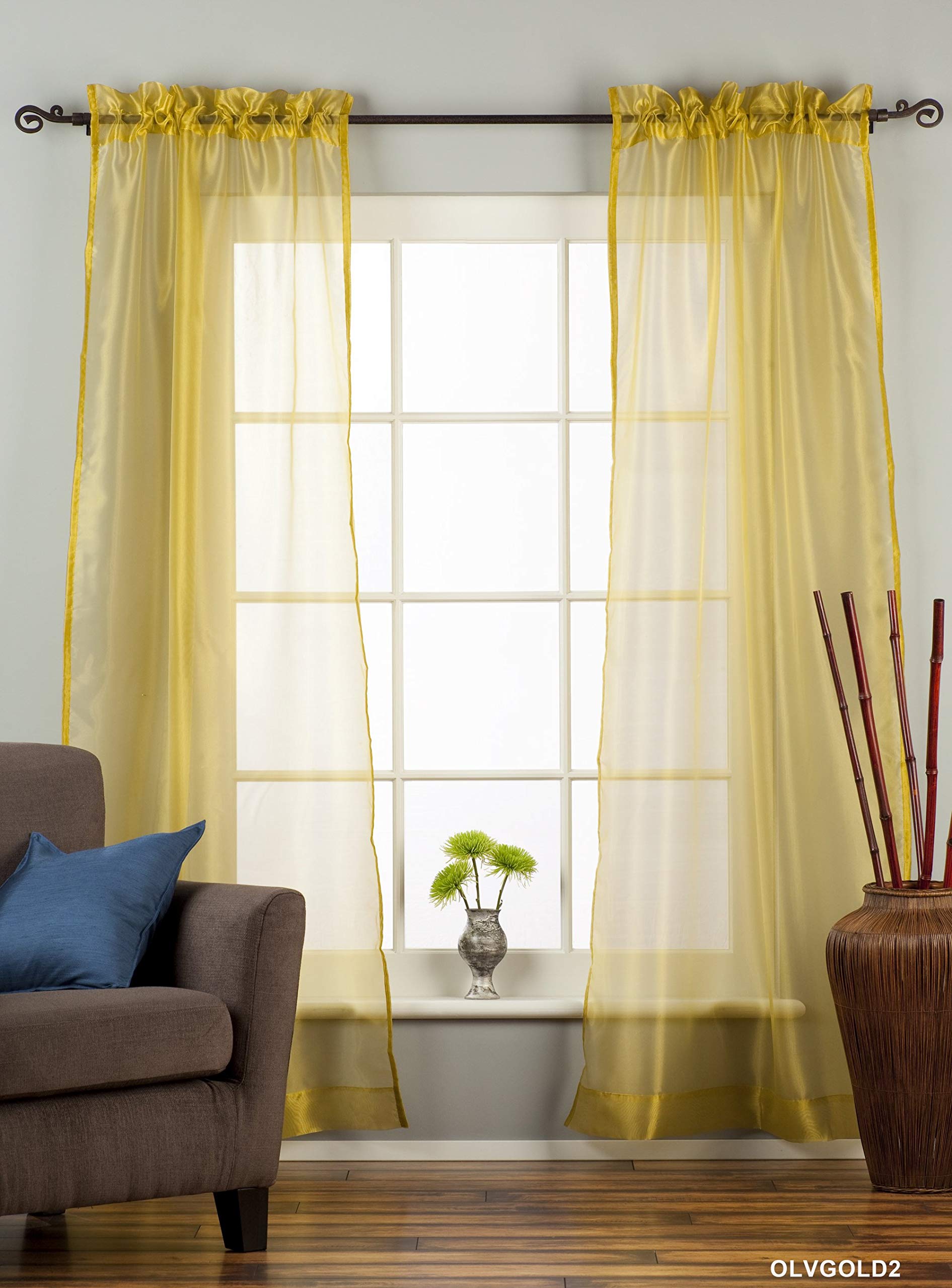 Indian Selections Olive Gold Sheer Curtain Panels with Rod Pocket - 80W x 63L - Light Filtering Window Drapes for Living Room & Bedroom