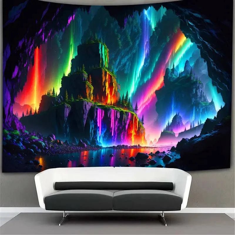 Cave Landscape Glow in the Dark Tapestry - UV Reactive Wall Art Decor for Bedroom, Living Room & Dorm Room Aesthetic