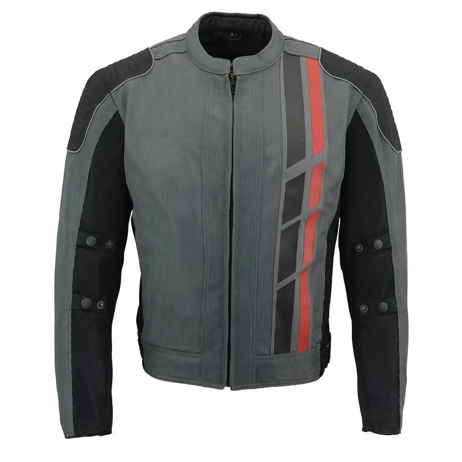 First MFG Co. Men's Black & Grey Mesh Armored Racing Jacket with Reflective Racing Stripes - Lightweight Motorcycle Gear for Street & Track Riding