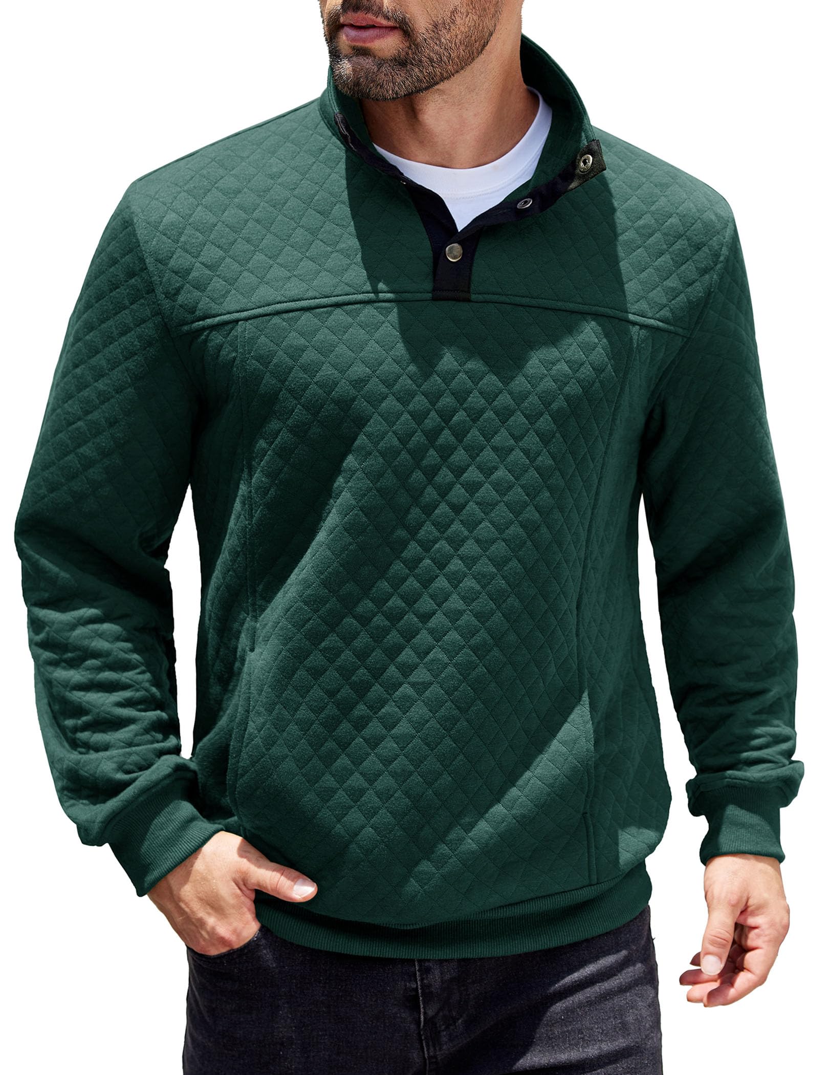 COOFANDY Men's Quilted Quarter Sweatshirt - Long Sleeve Mock Neck Waffle Pullover with Pockets | Casual Polo Shirt for Outdoor Activities, Work & Travel