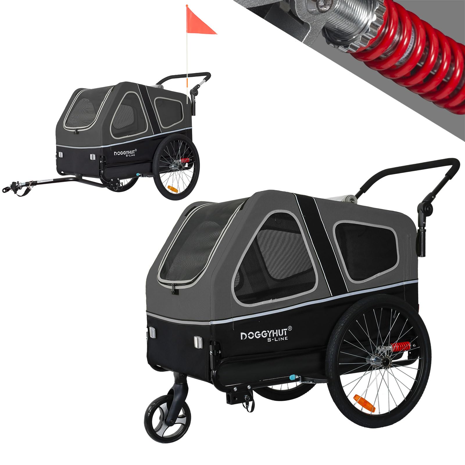 DOGGYHUT® S-Line XL Pet Bike Trailer & Stroller for Large Dogs Up to 100 lbs - Foldable Dog Carrier with Suspension Wheels, Low Center Gravity & Parking Brakes | Perfect for Cycling, Jogging & Outdoor Adventures with Your Dog