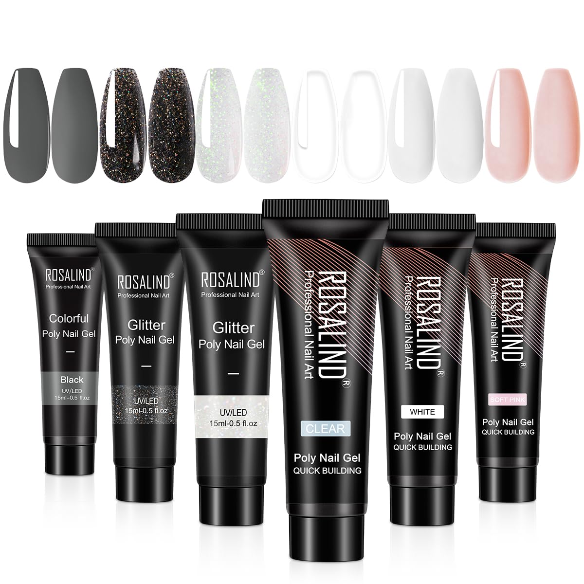 ROSALIND 6-Piece 15ML Semi-Permanent Poly Nail Gel Extension Kit - Professional UV/LED Gel Polish Set for Long-Lasting Manicures | Perfect for Salon, Home Use & Nail Art Designs