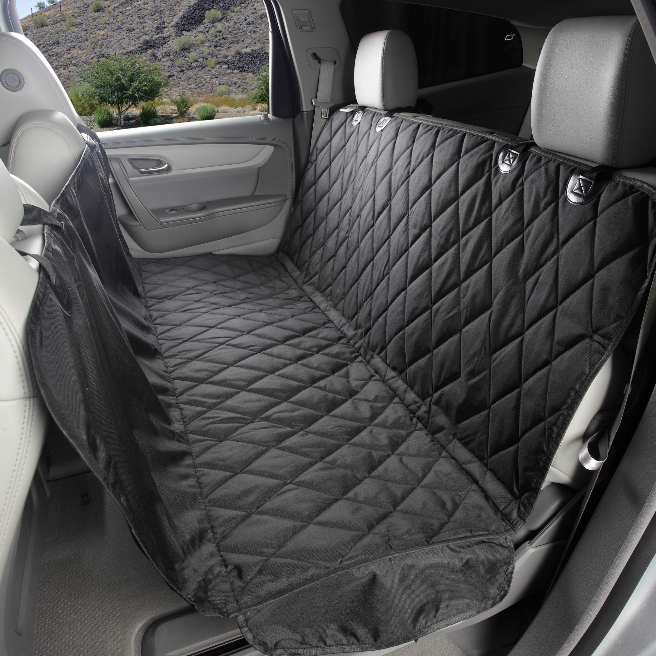 4Knines Waterproof Dog Backseat Cover with Hammock for Cars, SUVs & Trucks - Extra Large Pet Seat Protector with Non-Slip Bottom & Durable Nylon Clips - K9 Shield Heavy Duty Thread - Black (Perfect for Road Trips, Daily Commutes & Pet Travel Protection)
