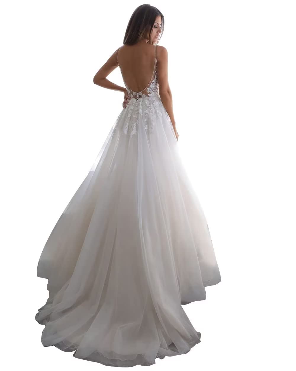 Boho Lace Tulle Wedding Dress for Women - Spaghetti Strap V-Neck A-Line Applique Bridal Gown | Perfect for Beach, Garden & Outdoor Ceremonies