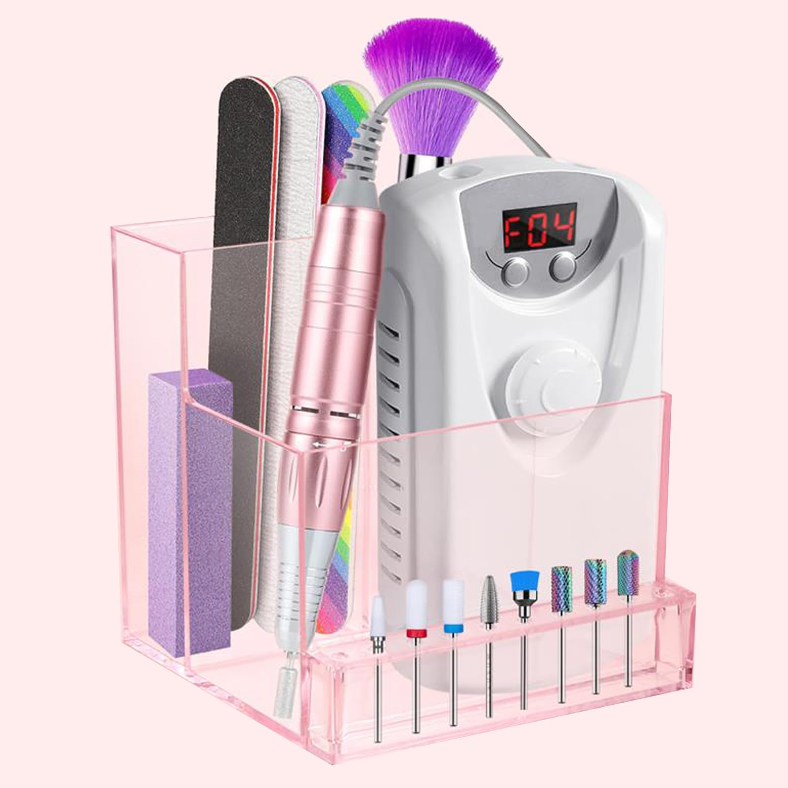Professional Nail Drill Machine & 10-Slot Transparent Bit Holder Storage Case - Pink Organizer Box for Nail Salon Tools | Perfect for Manicurists & Home Nail Care Enthusiasts