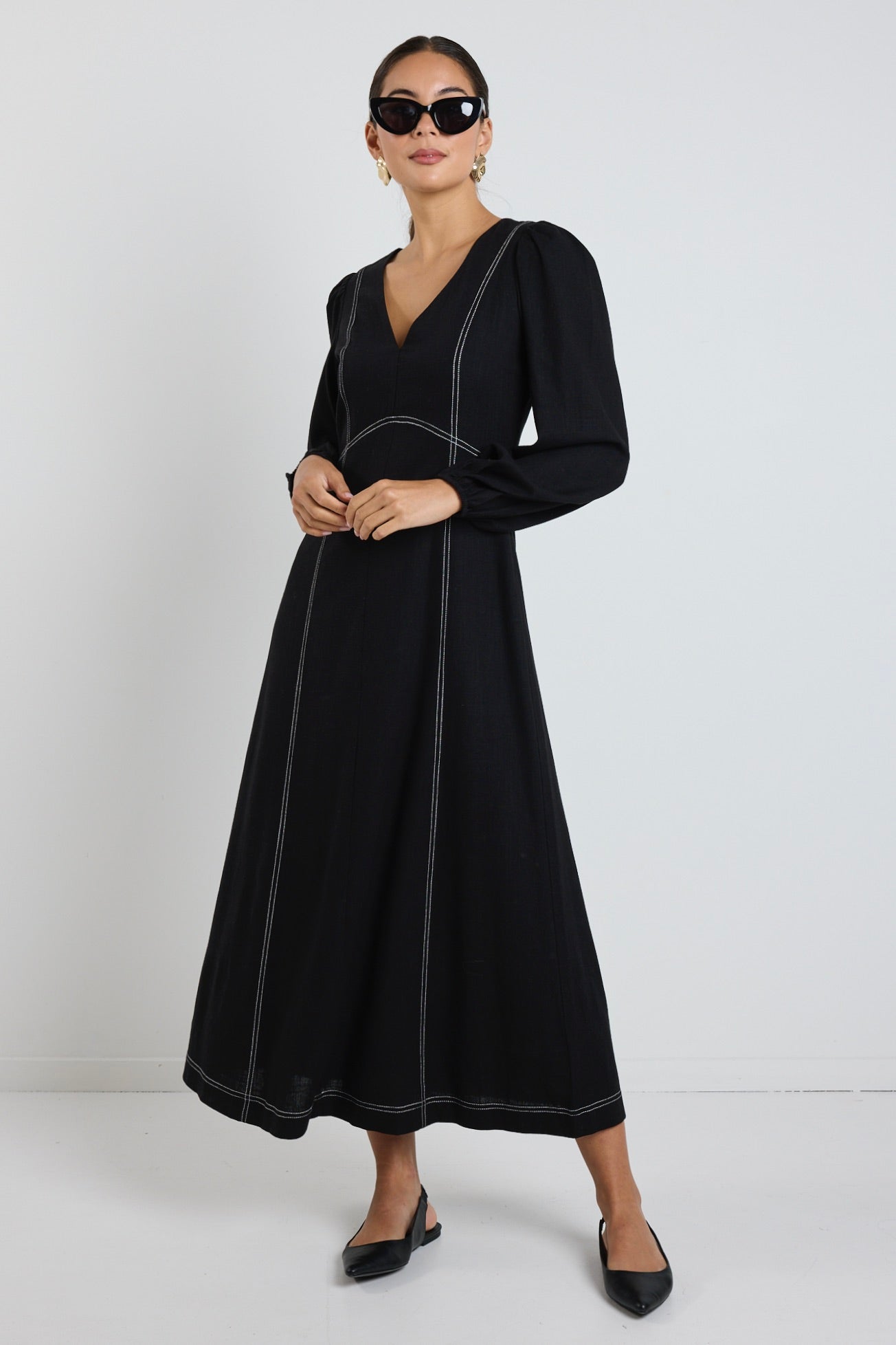 Black LS Contrast Stitch Midi Dress - Women's Elegant Long Sleeve Bodycon Dress for Party, Date Night & Office Wear