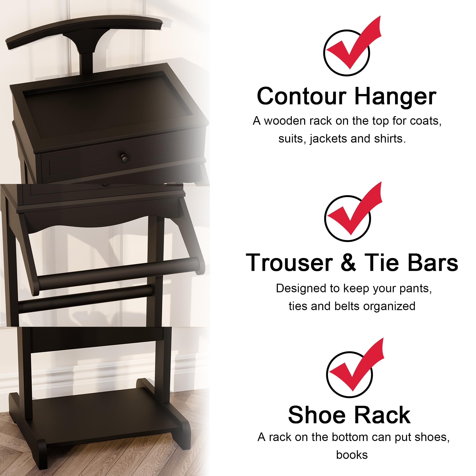 Brefhome Wooden Valet Stand with Drawer & Tray - Modern Clothing Rack for Men & Women - Entryway, Bedroom & Commercial Use - Black Garment Organizer (Perfect for Home & Office Storage)