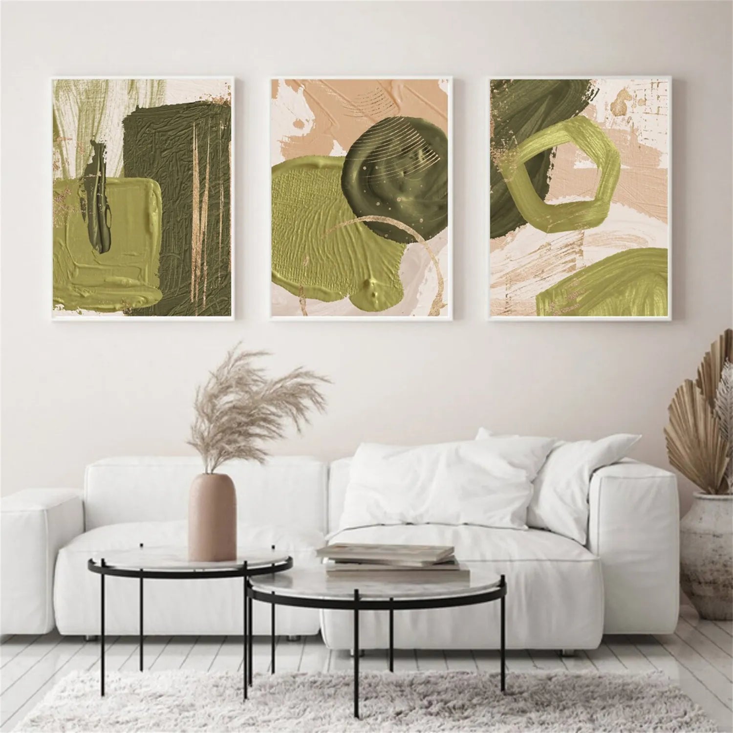 Abstract Blue & Green Wall Art Set of 3 Canvas Paintings - Modern Home Decor for Living Room, Bedroom & Office #BG083