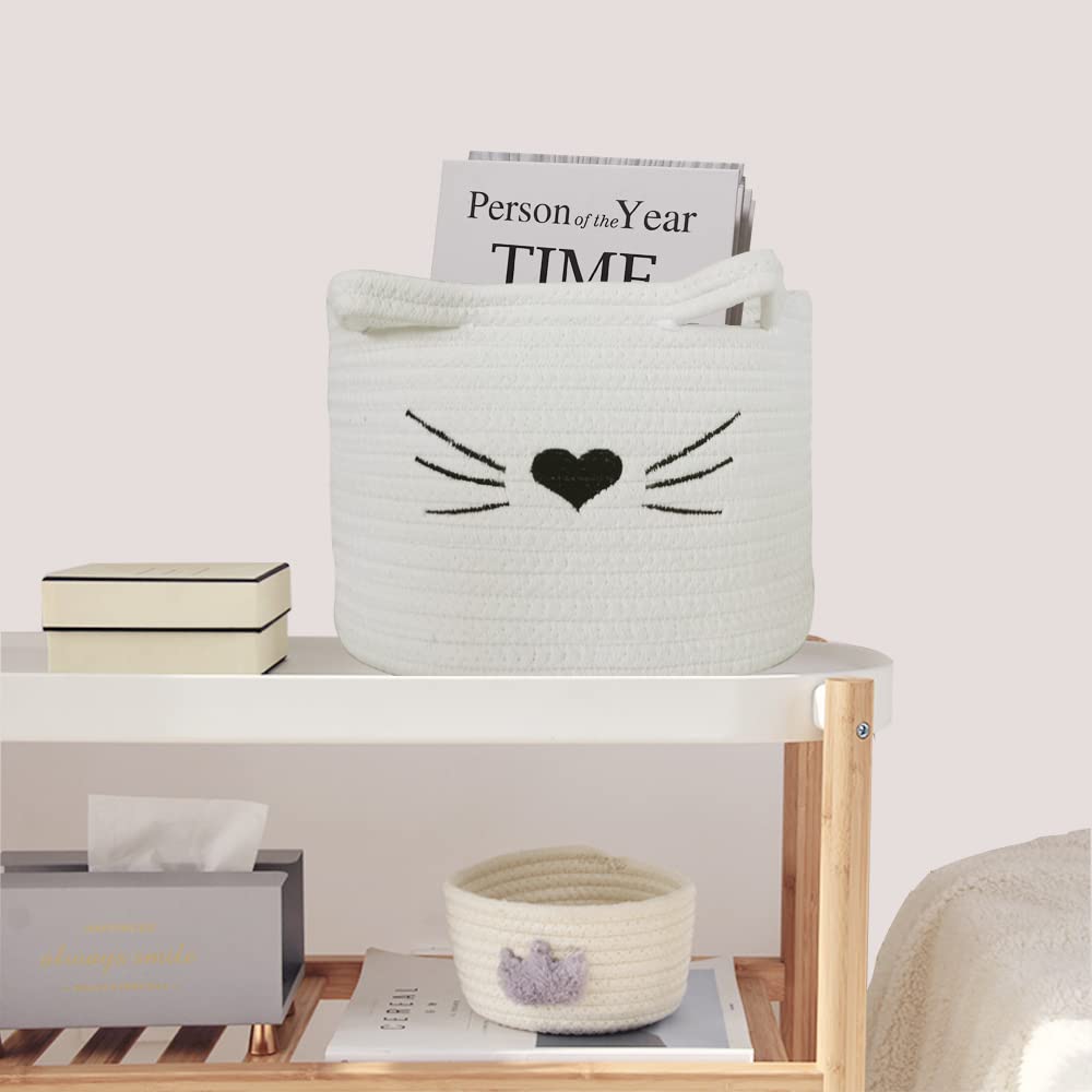Small Woven Storage Basket with Handle - 10×10×7 Inch White Cotton Rope Basket for Nursery, Pet Toy Organizer, Home Decor | Perfect for Baby Rooms, Cat Dog Toys, and Living Room Organization