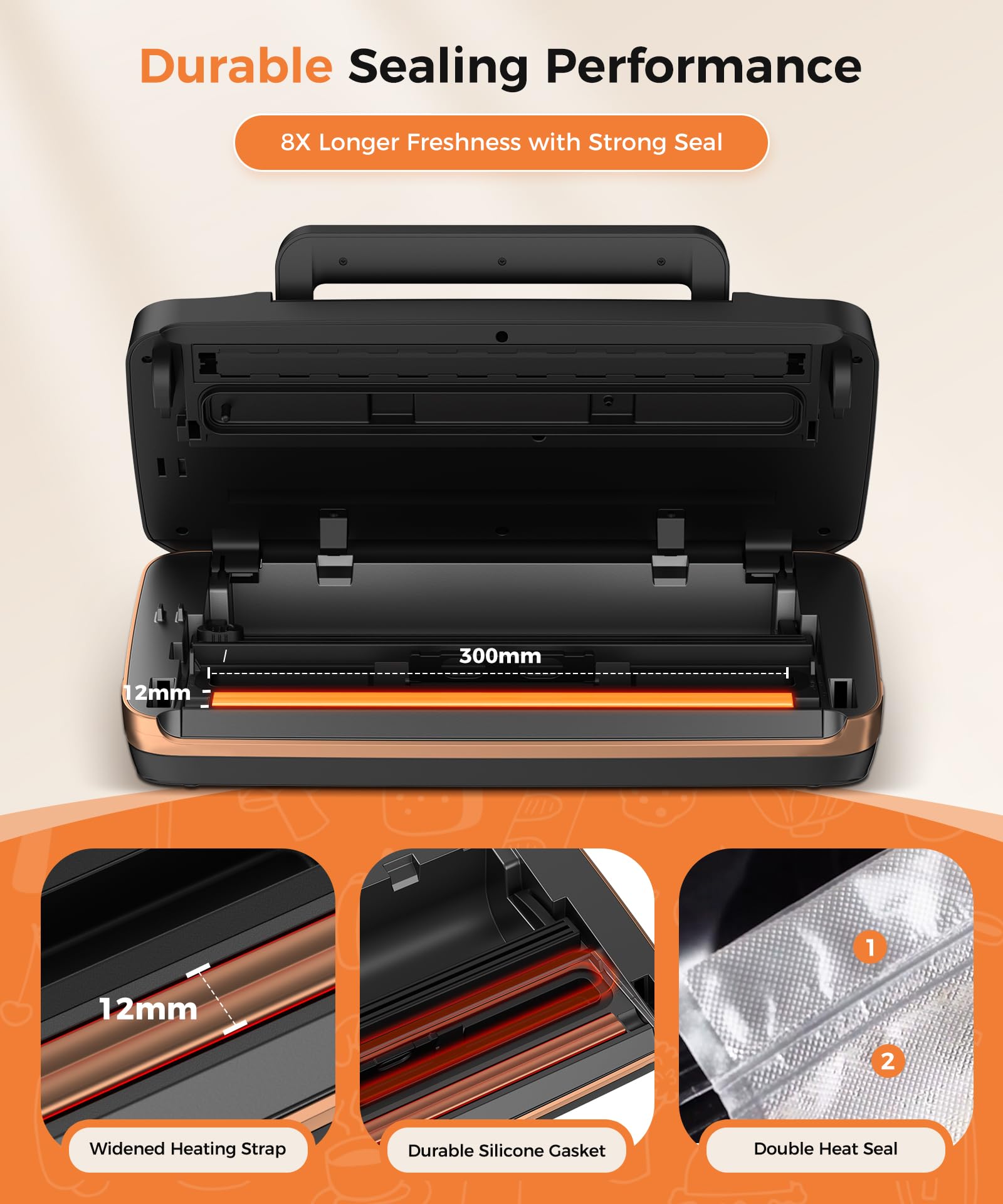 95kPa Commercial Vacuum Sealer Machine - Automatic Food Sealer with Double Heat Seal, Built-in Cutter & Easy-Lock Handle - Includes 1 Bag Roll & 10 Pre-cut Bags for Home Kitchen, Restaurant & Food Storage