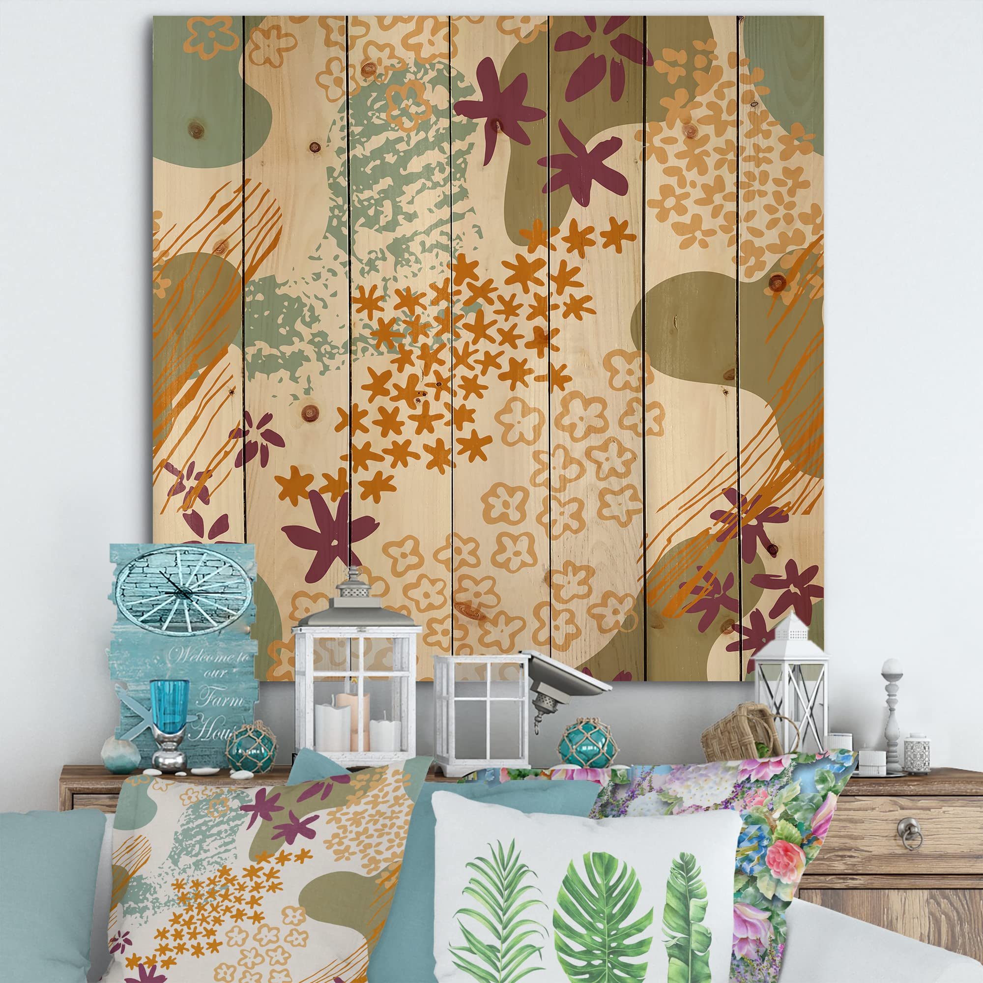 Modern Abstract Wood Wall Art - Orange Fluid Shapes & Flower Silhouettes Contemporary Pine Wood Decor | Large Wooden Wall Panels for Living Room, Bedroom & Office Decor