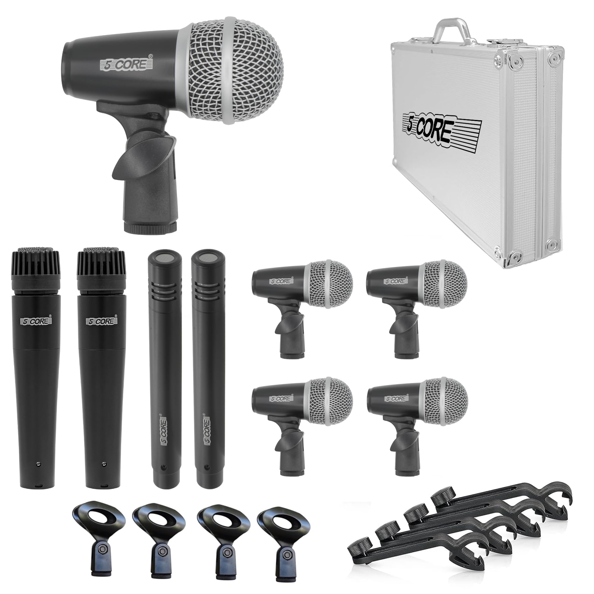 5 CORE 9-Piece Professional Drum Microphone Kit - Dynamic XLR Mics for Kick, Bass, Tom, Snare & Cymbals - Includes Clip Inserts, Mic Holder & Carrying Case (DM-9RND, Black) - Perfect for Live Performances, Studio Recording & Drum Practice Sessions