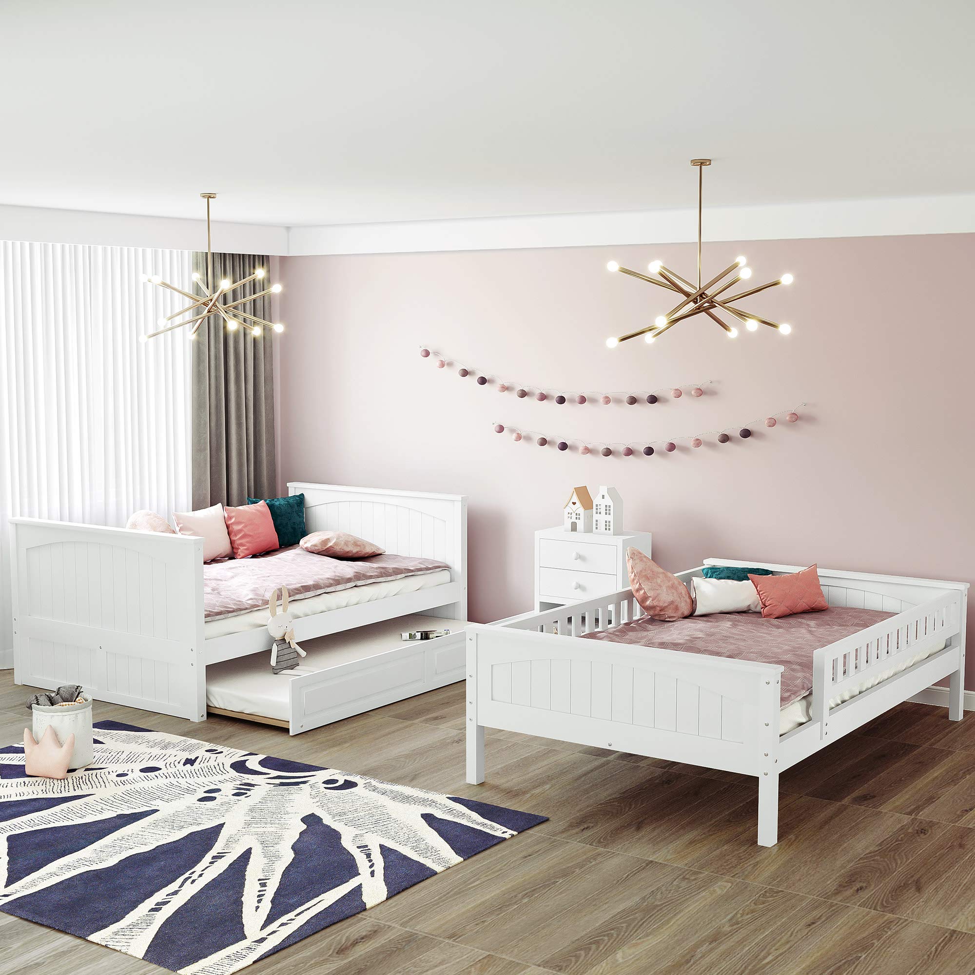 JULYFOX White Full Over Full Bunk Bed Frame with Twin Trundle - Solid Hardwood Platform Bed with Ladder, No Box Spring Needed - Space Saving Bunk Bed for Kids, Teens & Small Rooms - Perfect for Dormitories, Guest Rooms & Vacation Homes