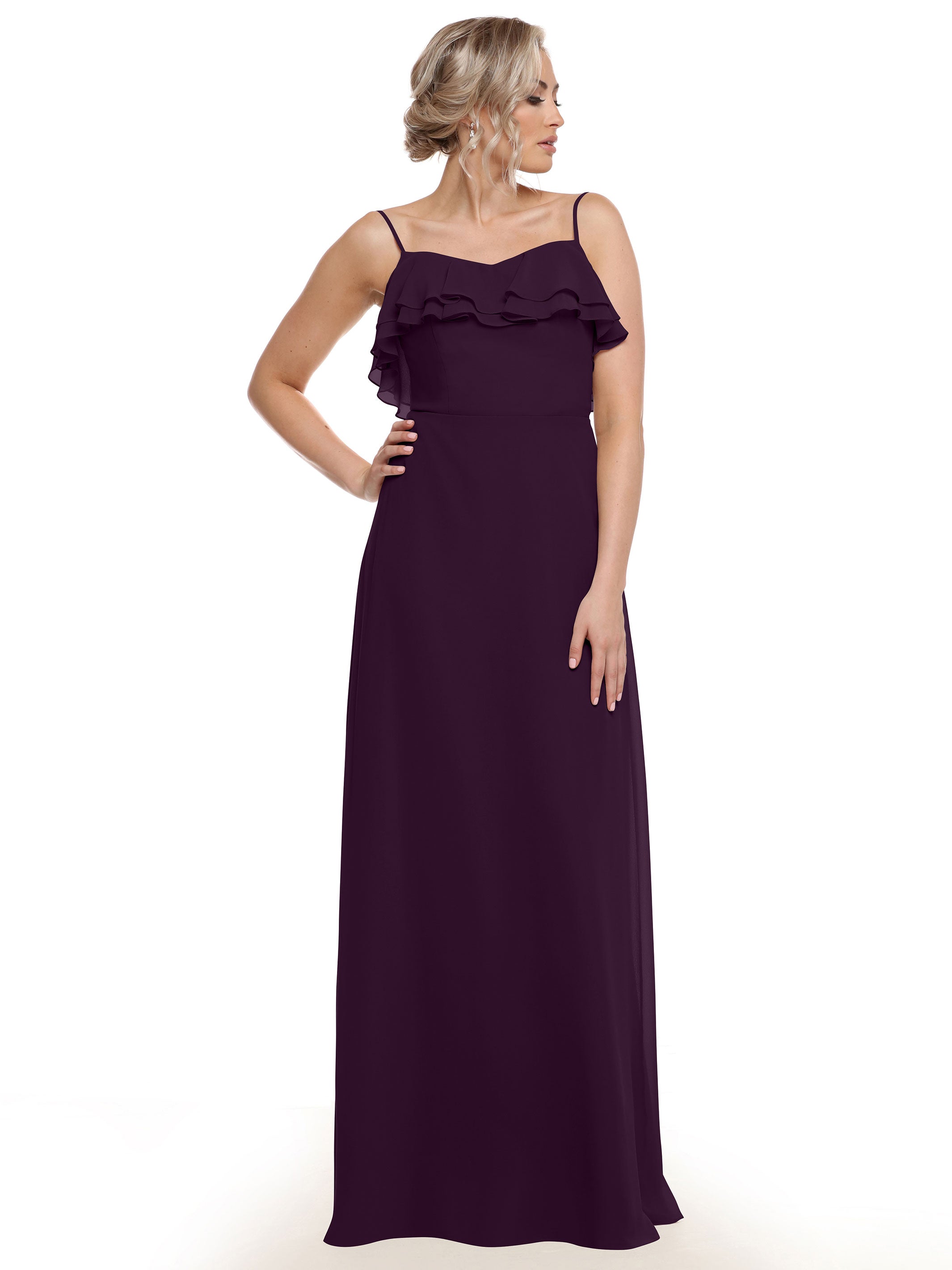 Elegant 80146 Chiffon Bridesmaid Dress with Ruffled Neckline - Perfect for Weddings, Formal Events & Special Occasions
