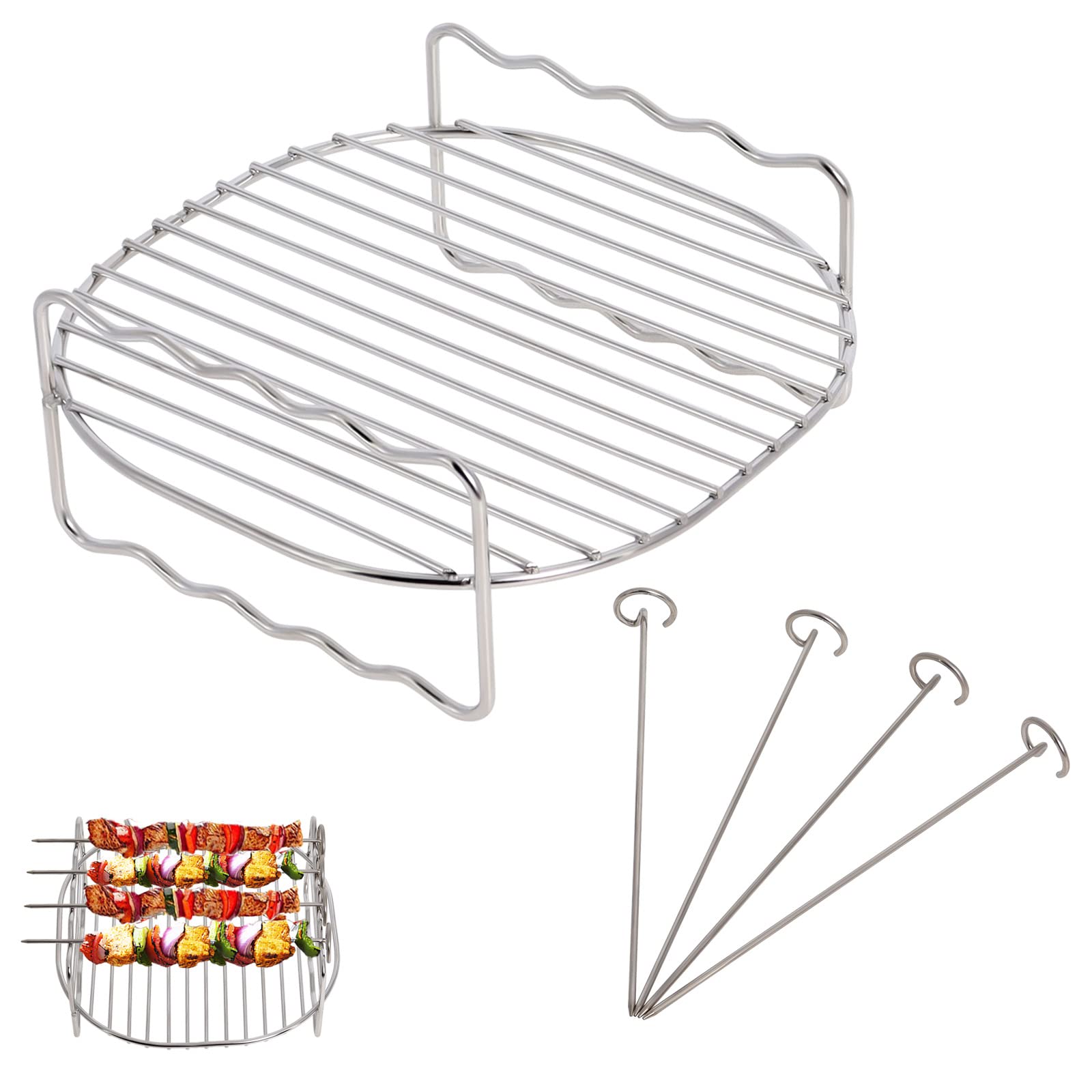 Universal Air Fryer Rack - 304 Stainless Steel Double Layer with 4 Skewers - Compatible with Tefal 4.2L, Cosori 3.5L/3.8L, Salter 4.5L, Tower 4L, Ninja 3.8L & Philips 4.1L Air Fryers - Perfect for Cooking Chicken Wings, Kebabs and Vegetables