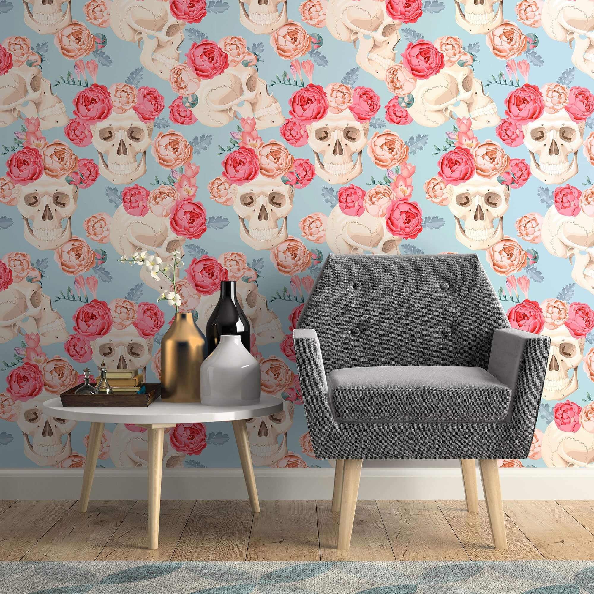 Blue and Red Skulls Themed Peel and Stick Removable Wallpaper 7608 - Self-Adhesive Decorative Wall Covering for Bedroom, Living Room, and Office Decor