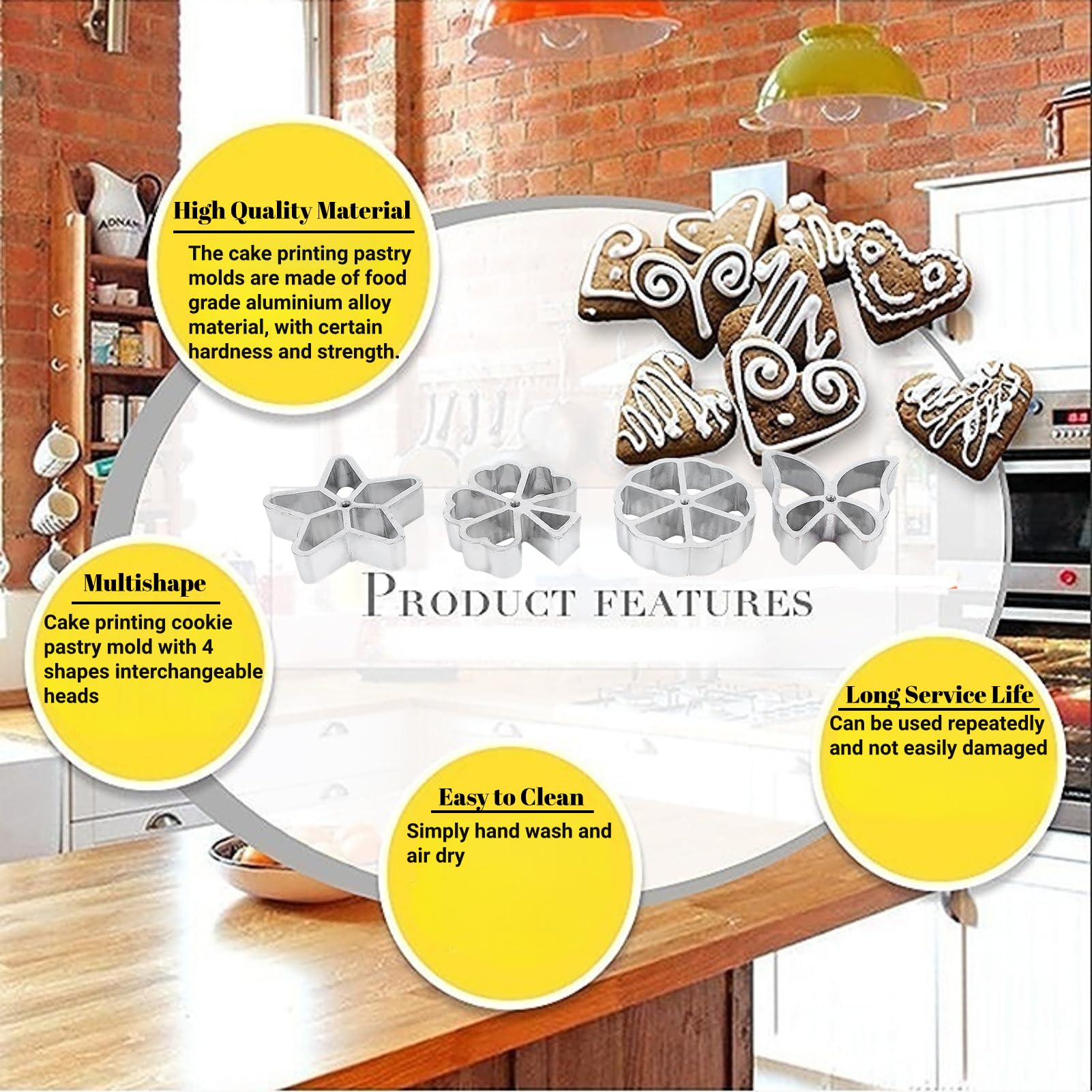 Rosette Iron Set with Handle - 4 Shapes Waffle Mold Kit for Cake, Cookie, Pastry & Biscuit Making | Baking Accessories & Gift for Bunuelos | Perfect for Home Baking, Holiday Treats & Dessert Decorations