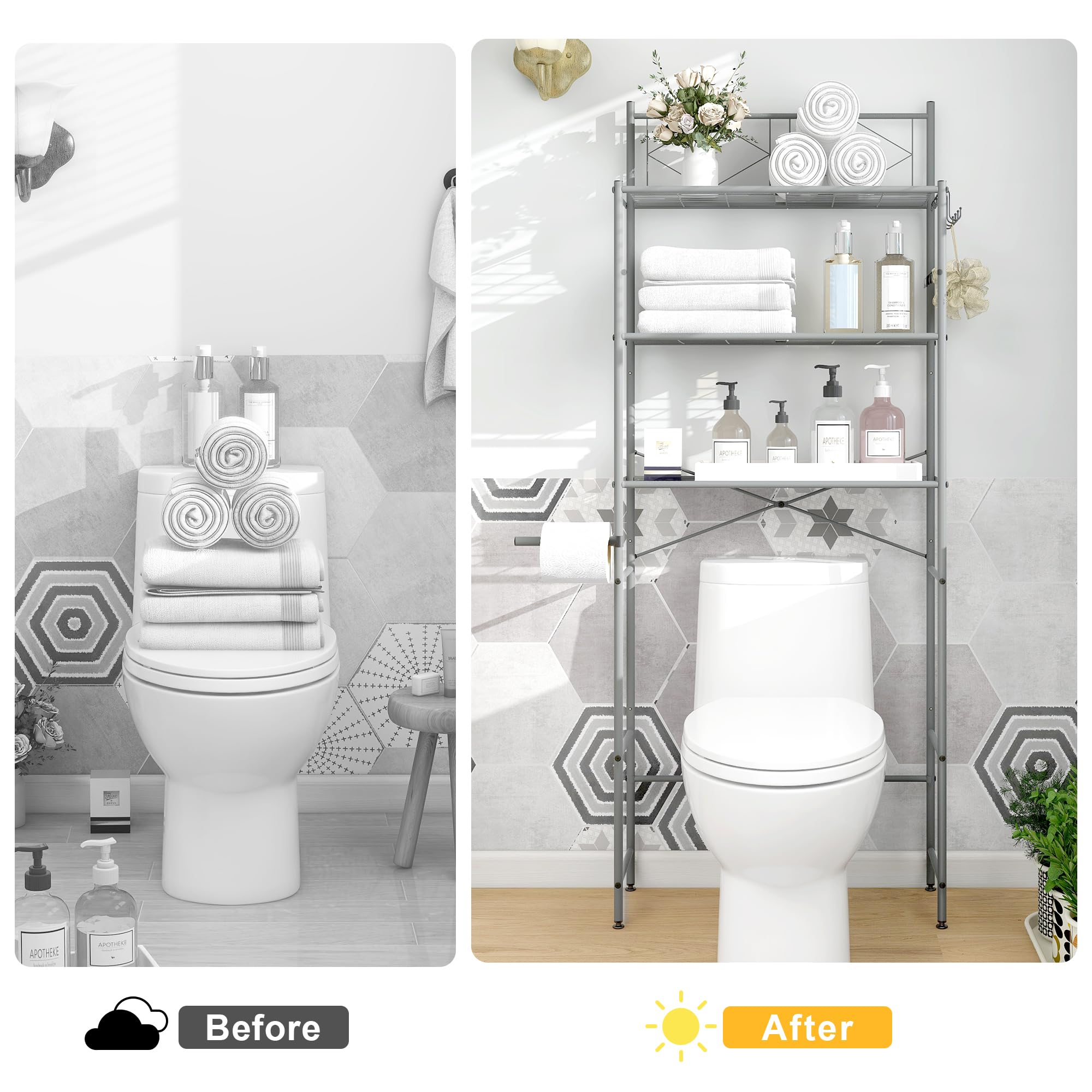 MallBoo 3-Tier Over The Toilet Storage Shelf - Freestanding Bathroom Organizer with X-Shaped Bar, Space Saving Shelf for Towels, Toiletries & Decor - Perfect for Small Bathrooms, Apartments & Dorm Rooms (Grey)