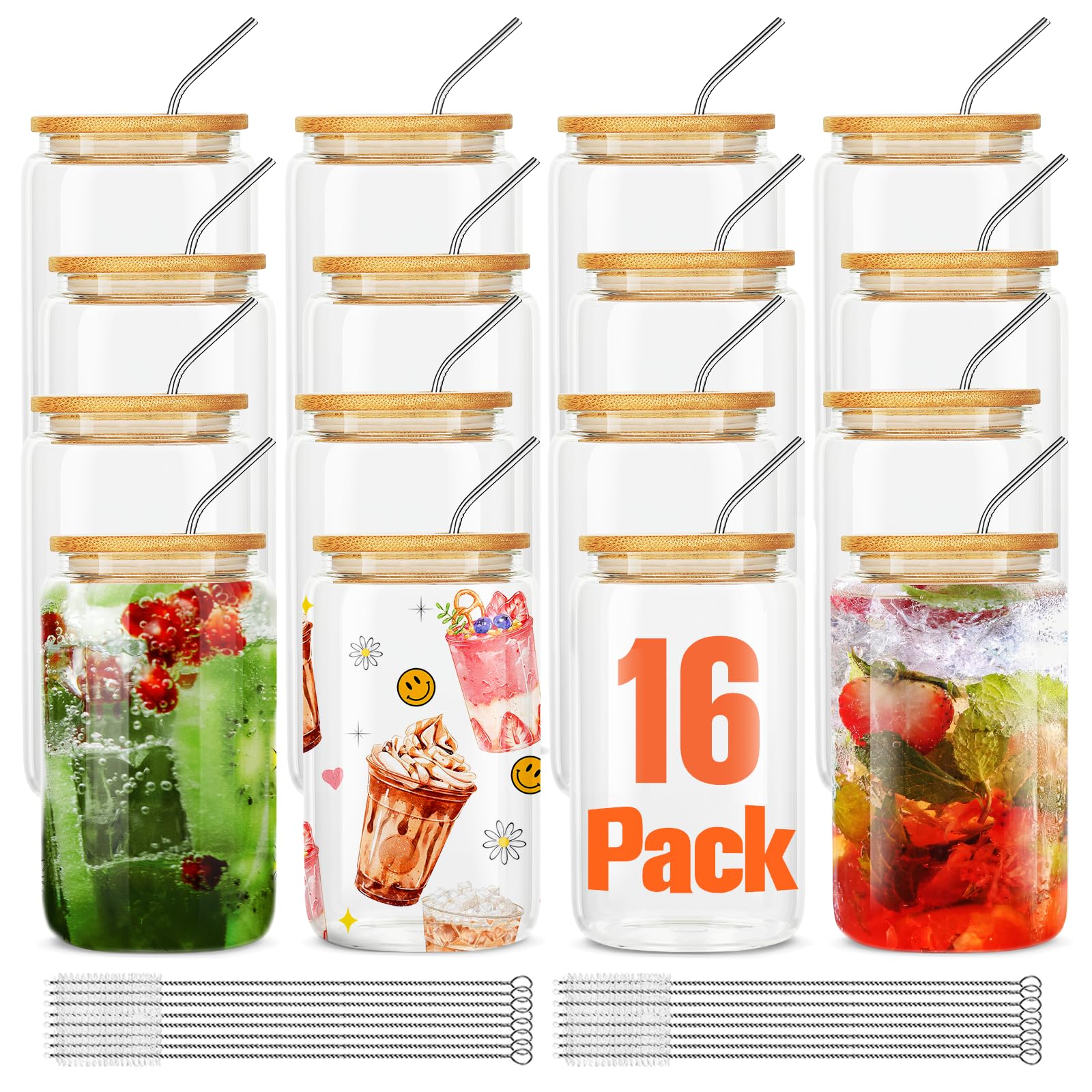 16-Piece Glass Cups Set with Bamboo Lids & Straws - 16oz Reusable Drinking Glasses for Water, Juice, Coffee, Tea, Beer & Soda - Perfect for Home, Office, Parties & Outdoor Gatherings
