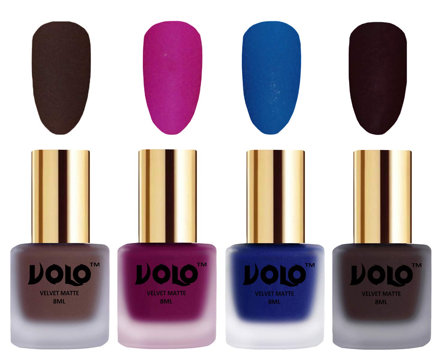 Volo Velvet Matte Nail Polish Set - Pack of 4 (Chocolate Brown, Magenta, Blue, Dark Wine) 32ml - Long Lasting & Chip Resistant for Parties, Weddings & Special Occasions
