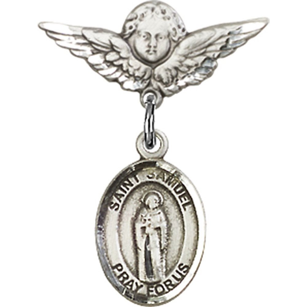 Sterling Silver Baby Badge with St. Samuel Charm & Angel Wing Pin - 7/8