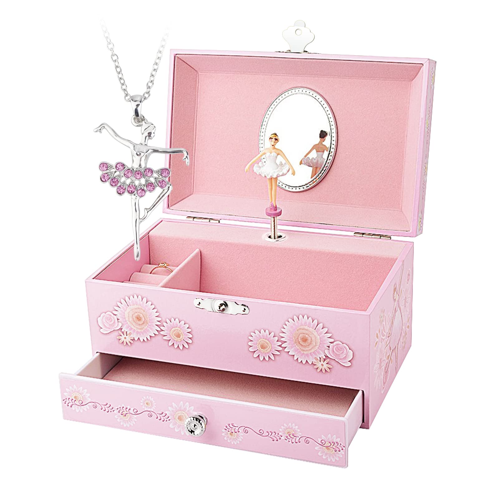 RR ROUND RICH DESIGN Musical Jewelry Box for Girls with Drawer & Jewelry Set - Ballerina Theme, Swan Lake Tune, Pink - Perfect Gift for Birthdays, Christmas & Ballet Lovers