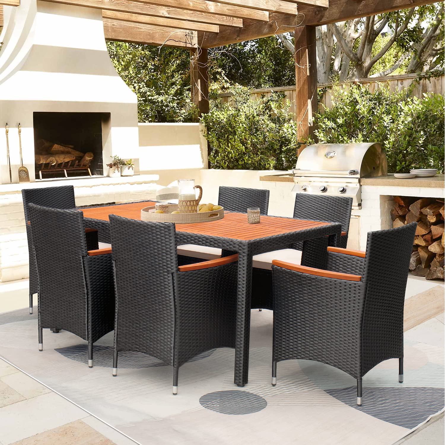 Premium 7-Piece Acacia Wood Patio Dining Set with Soft Cushions - Outdoor Wicker Furniture for Deck, Backyard, Garden - Perfect for Al Fresco Dining, BBQs & Outdoor Entertaining