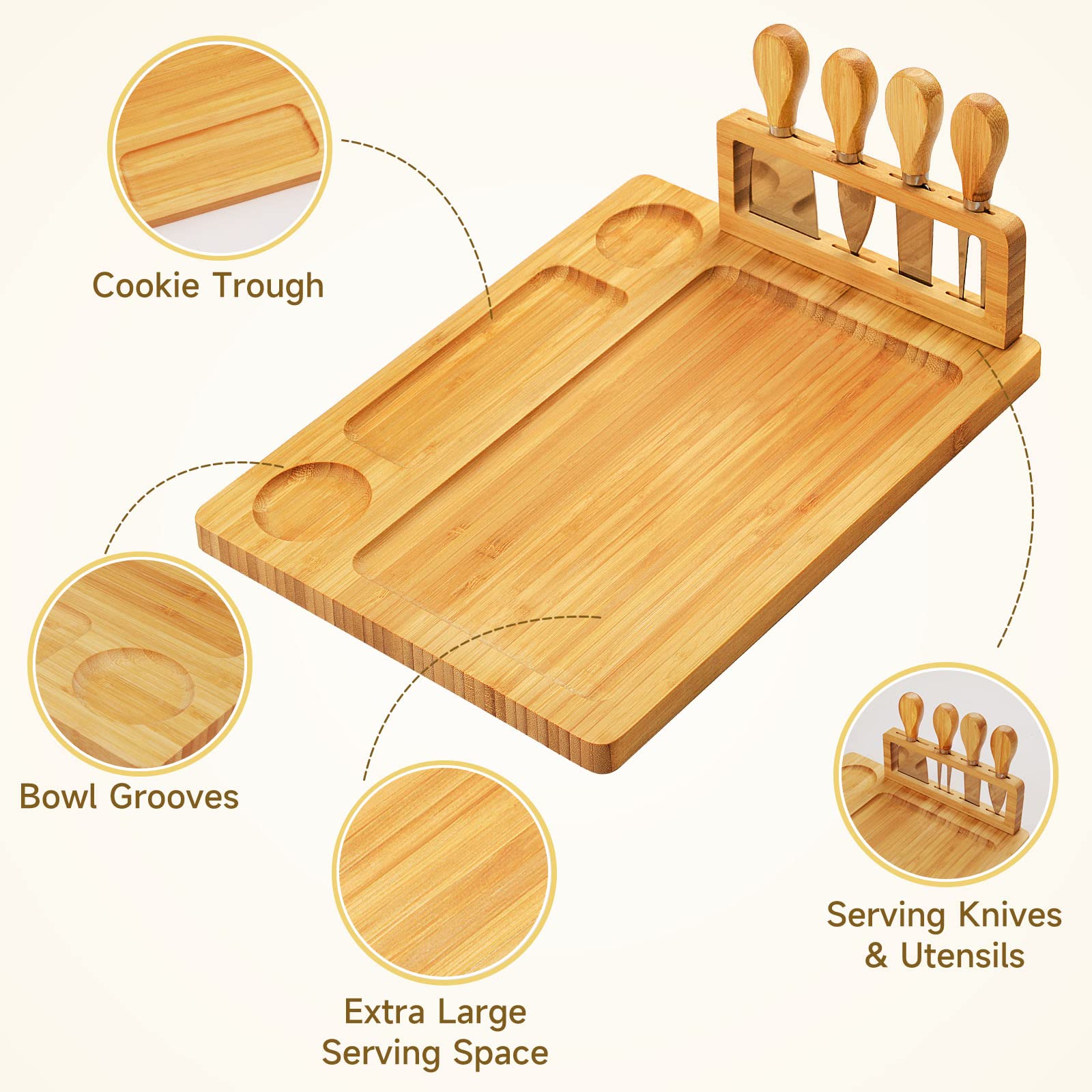 Premium Bamboo Charcuterie Board Set with 4 Stainless Steel Cheese Knives - Elegant Wooden Serving Tray for Cheese, Charcuterie, Fruits & Appetizers - Perfect Housewarming, Christmas, Bridal Shower & Wedding Gift Idea - Great for Entertaining, Parties & Holiday Gatherings