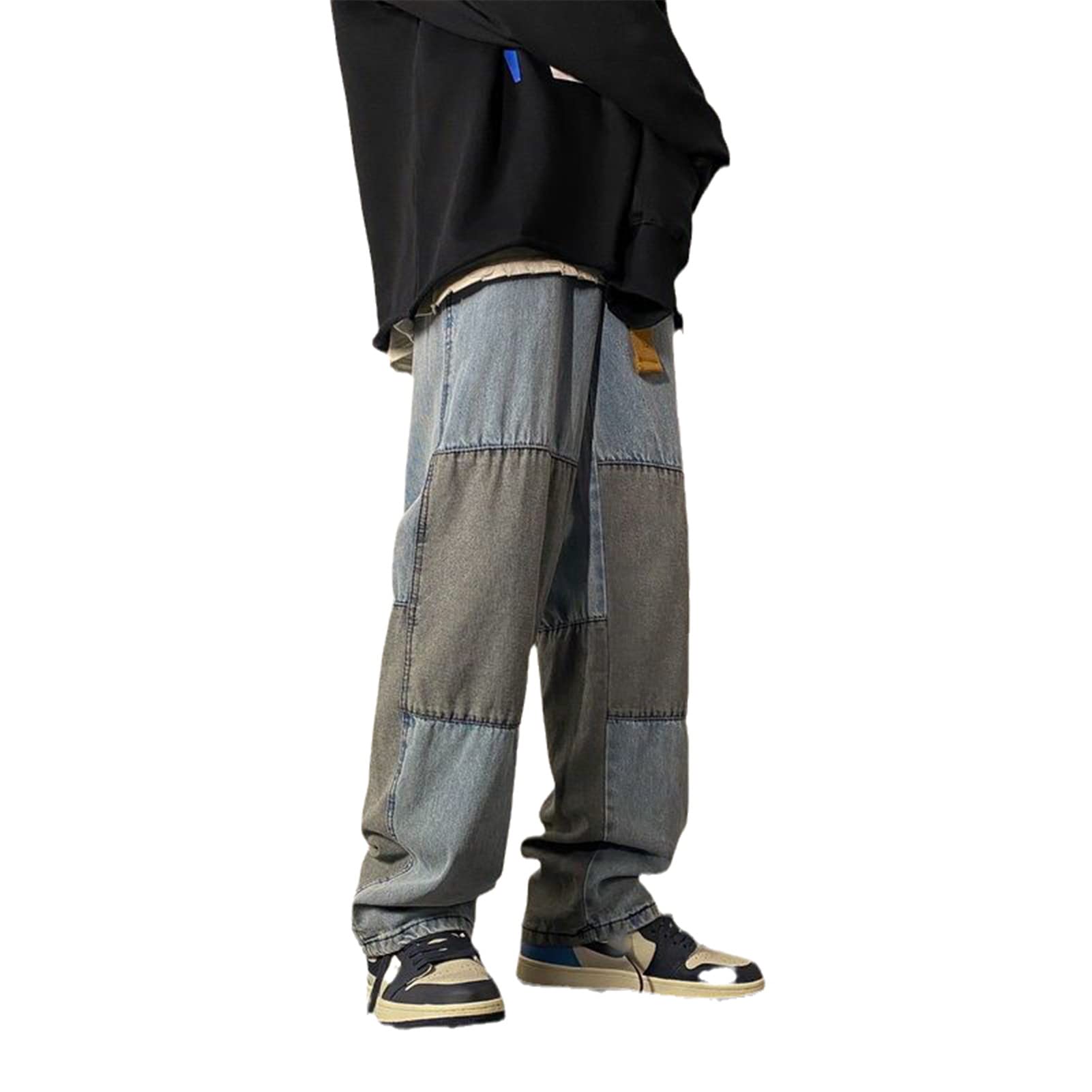 Vintage Patchwork Jeans for Men - Retro Wide Leg Straight Pants with Unique Stitching | Korean Hip Hop Style Loose Fit Denim Trousers | Perfect for Streetwear, Casual Outfits & 90s Fashion Looks