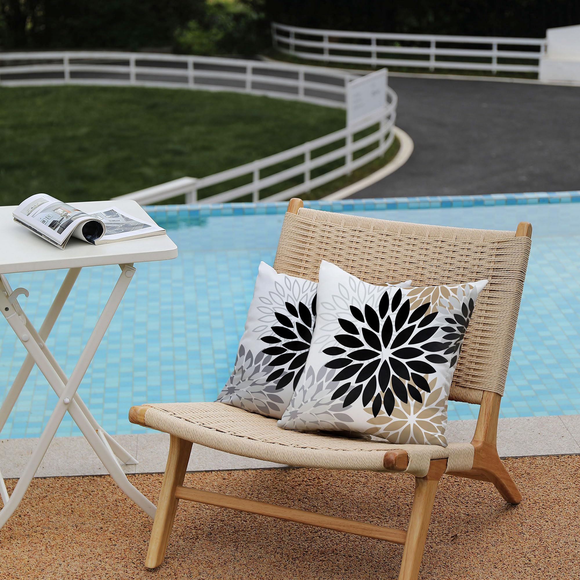 Premium Black Brown Outdoor Pillow Covers 18x18 Inch (Set of 2) - Farmhouse Modern Floral Polyester Square Cushion Cases - Waterproof & UV Resistant for Patio Furniture, Garden, Porch, Deck & Outdoor Decor