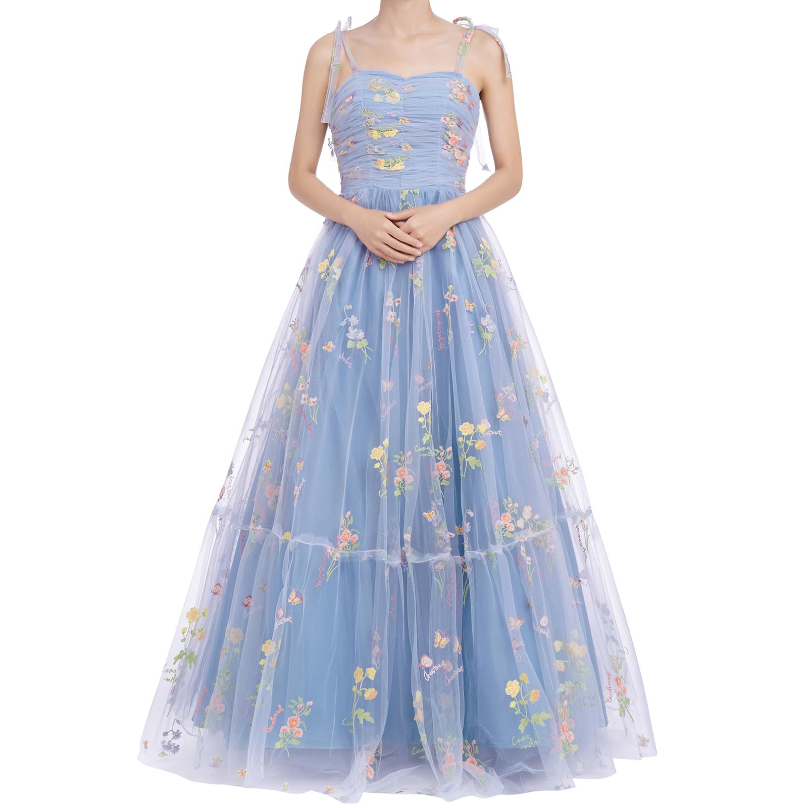 Floral Embroidered Maxi Dress for Women - Elegant Long Tulle Gown with Spaghetti Straps for Wedding, Prom, Party & Formal Events | Perfect for Summer Beach Vacations, Garden Parties & Special Occasions
