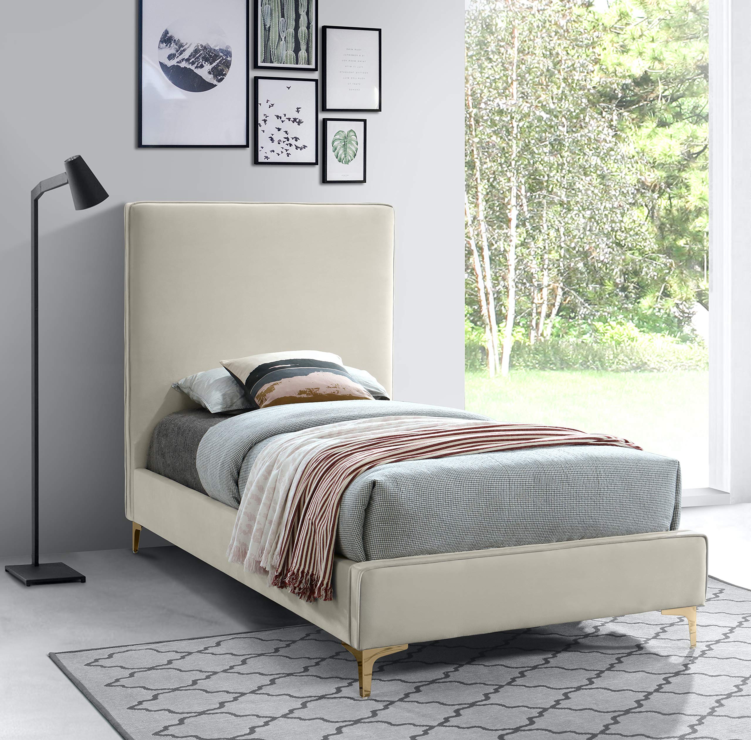 Meridian Furniture Geri Collection Modern Velvet Upholstered Bed - Twin Size Cream with Gold/Chrome Headboard | Luxury Bedroom Furniture for Contemporary Home Decor