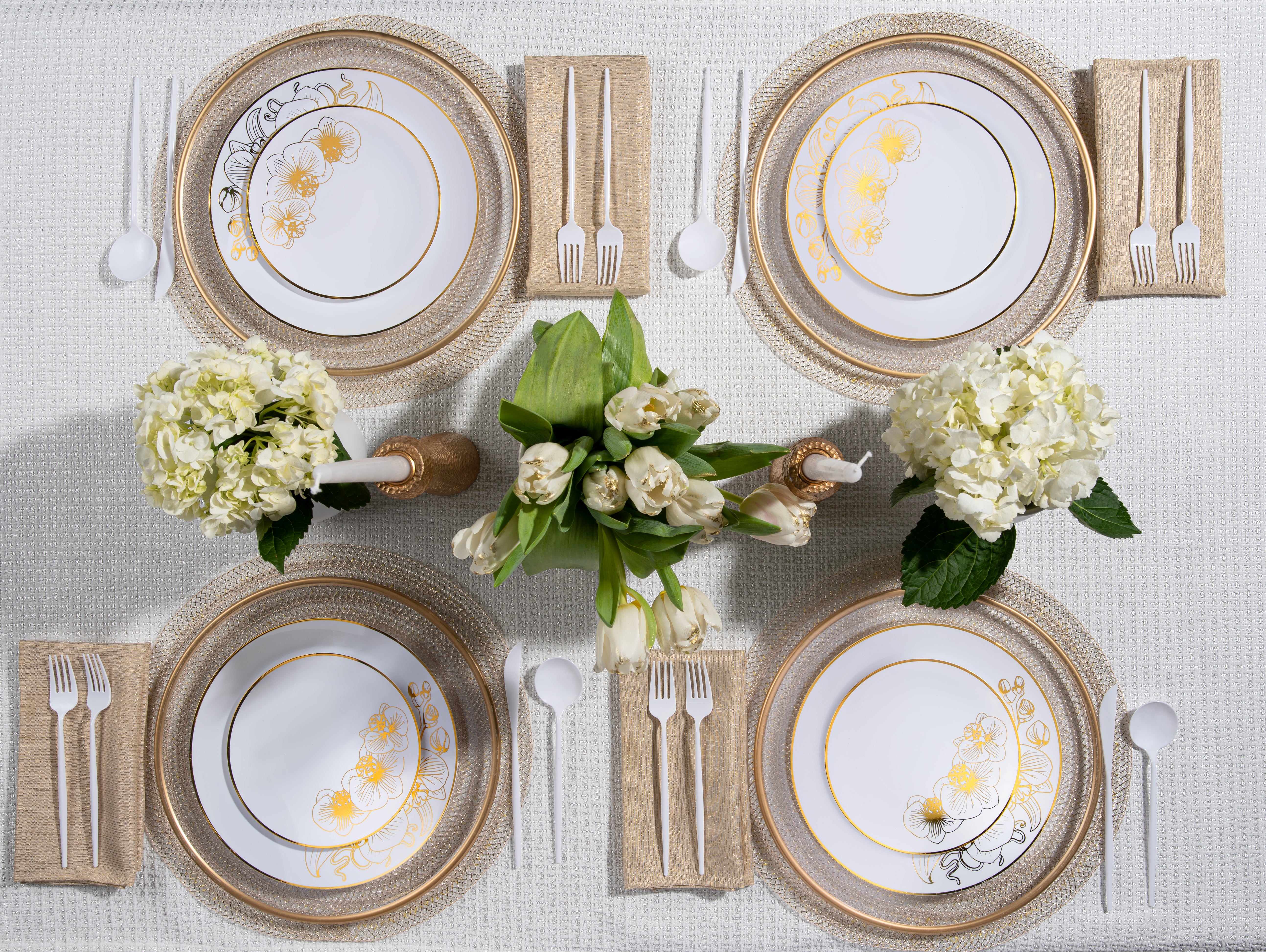 Elegant White and Gold Plastic Party Decorations Bundle - Perfect for Weddings, Birthdays & Special Events | Orchid Themed Celebration Supplies