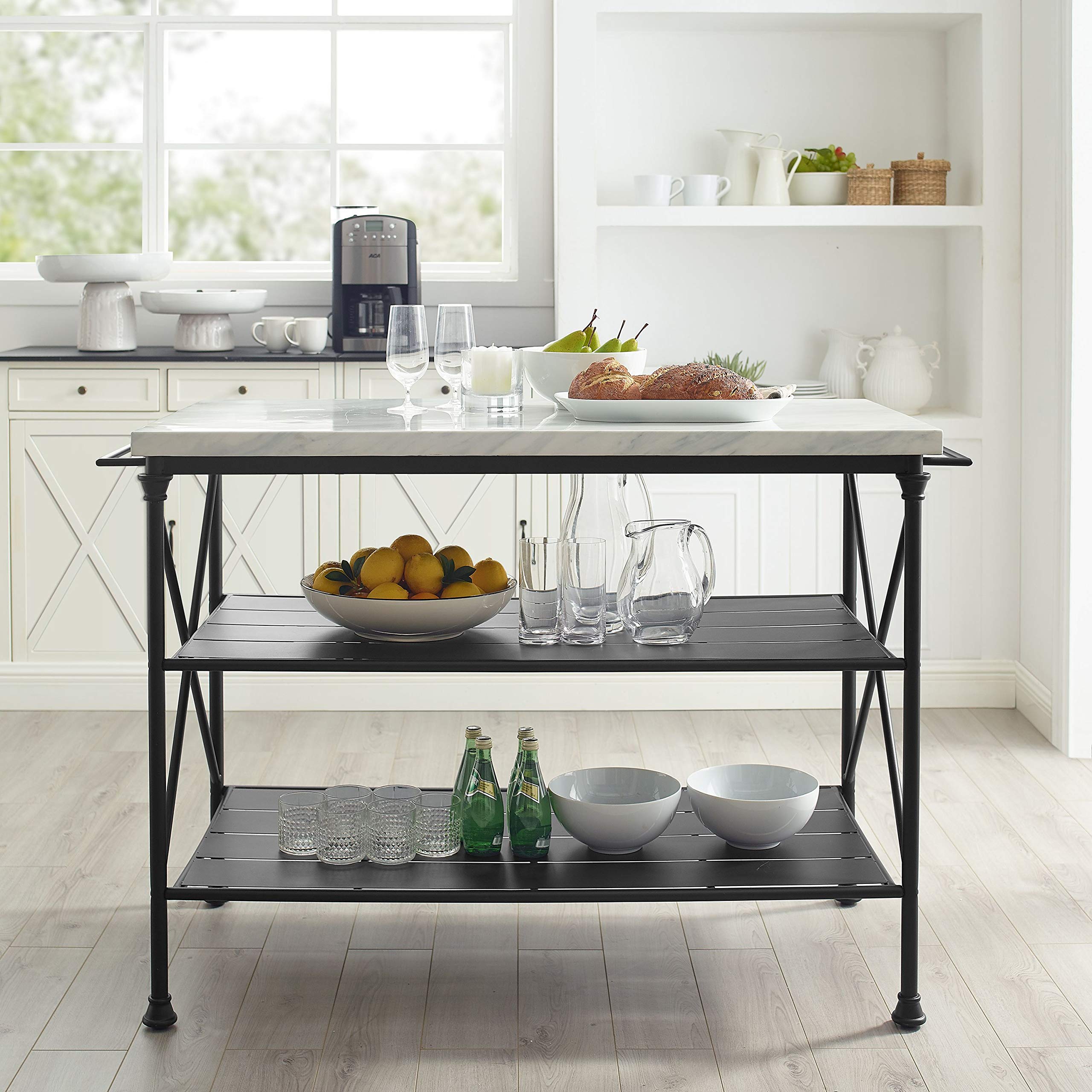 Crosley Madeleine Kitchen Island with Storage Shelves, Microwave Stand & Coffee Bar - Steel Frame with Faux Marble Top for Modern Kitchens, Dining Areas & Small Spaces