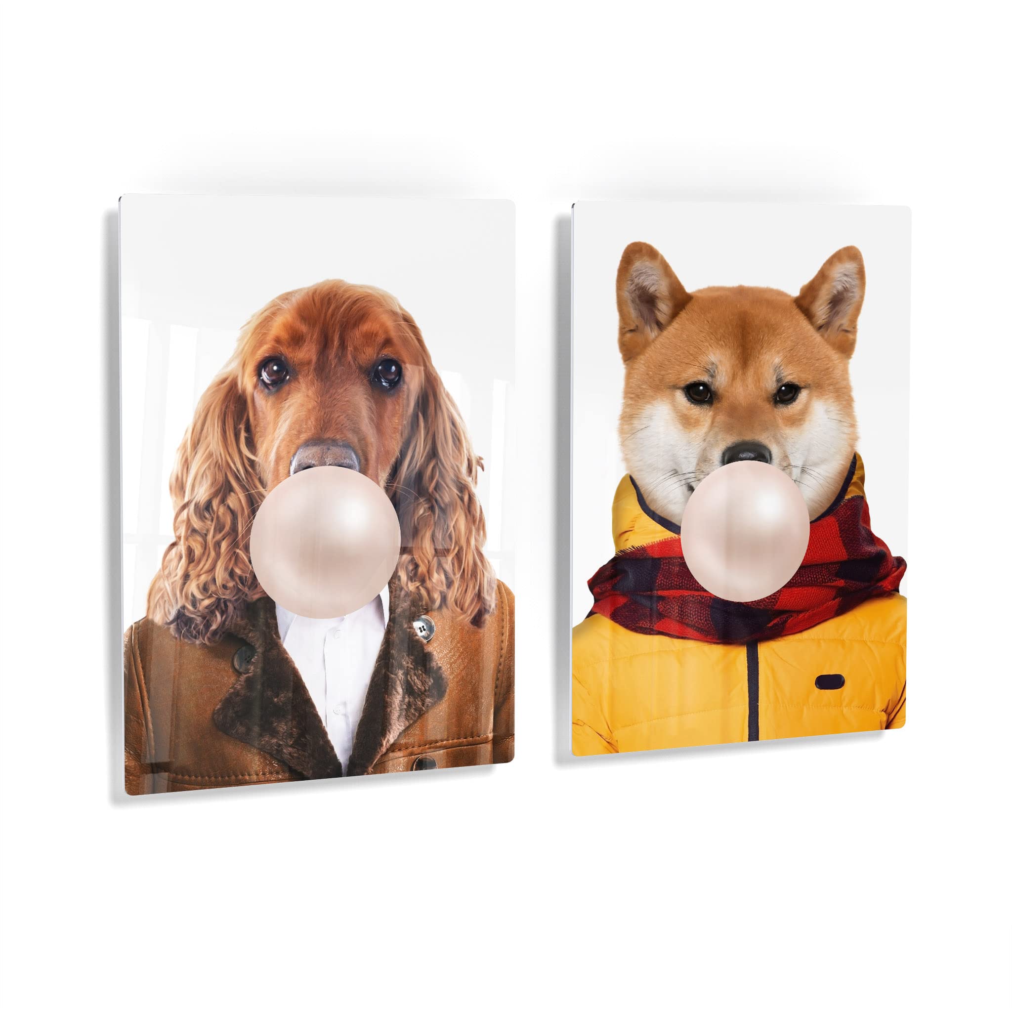 English Cocker Spaniel & Shiba Inu Dog Chewing Bubble Gum Pop Art Metal Wall Decor - 2-Piece Set (40x30 inches) - Perfect for Living Room, Bedroom & Nursery Decor - Unique Animal Art Prints for Home & Office