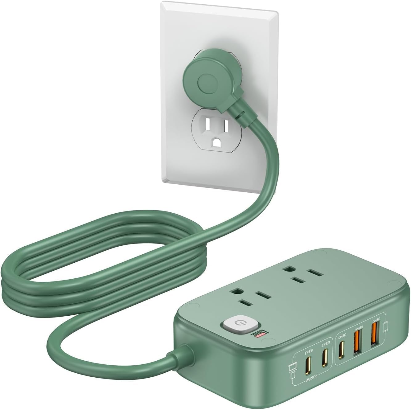 65W USB C Charging Station with 5FT Flat Extension Cord - Multi-Port Desktop Power Strip for iPhone, iPad, Samsung & More | Fast Charging Hub for Home, Office & Travel (Pearl Green)