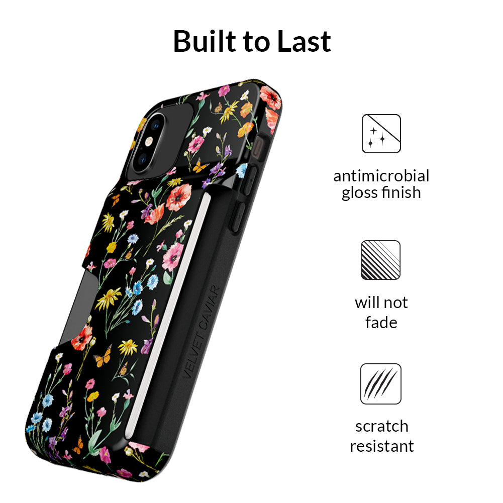 Premium Black Wildflower iPhone Wallet Case - Slim Protective Cover with Card Holder for iPhone 13/14/15 - Perfect for Everyday Use, Travel & Shopping