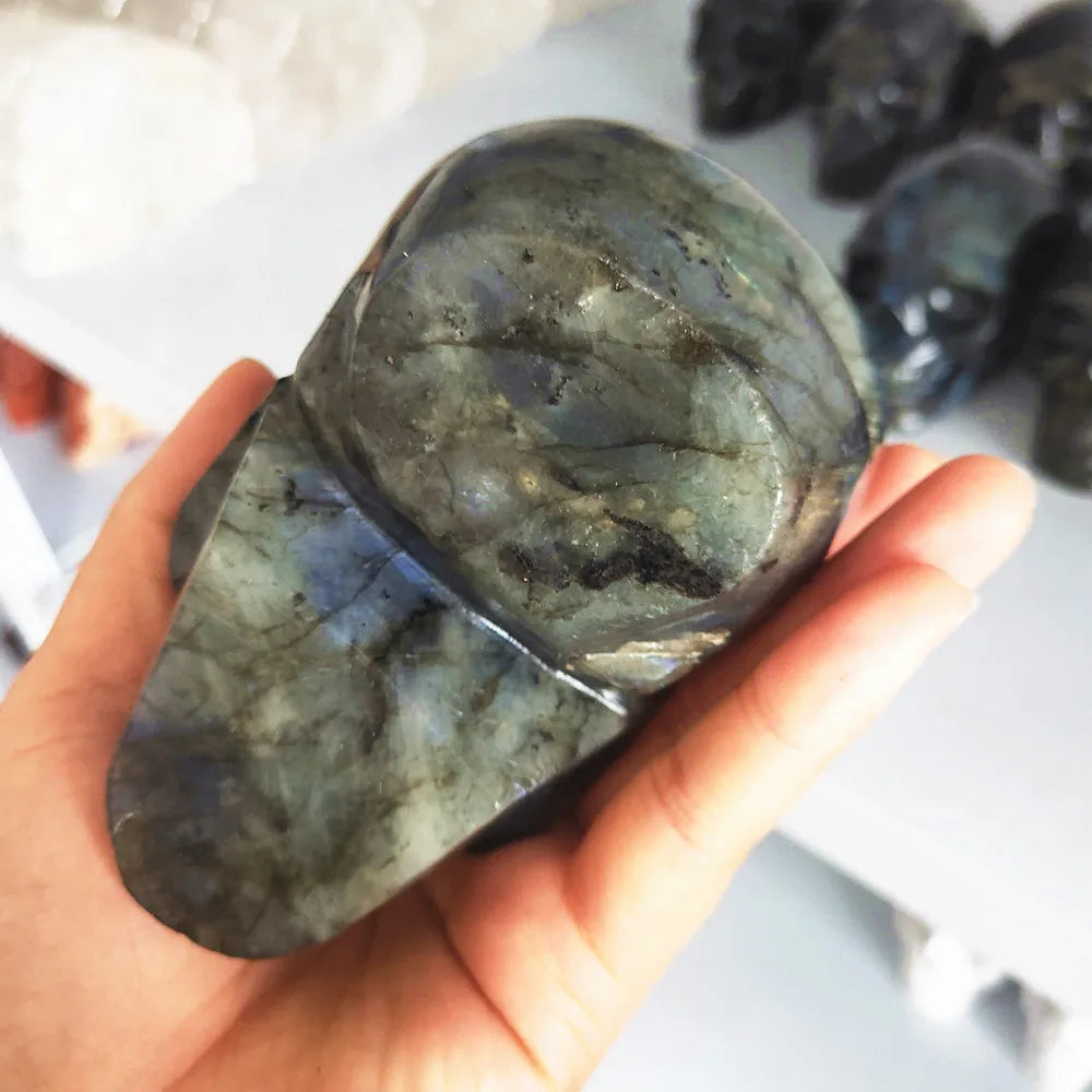 Natural Labradorite Crystal Skull - 500g 1.7lb Reiki Healing Stone, Meditation & Spiritual Decor for Home, Office, Yoga Studio