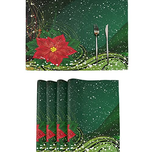 Reversible Christmas Poinsettia with Snowflakes Placemats - Set of 4 Washable Heat-Resistant Farmhouse Table Mats for Dining & Kitchen | Holiday Decor, Dinner Party, Family Gathering