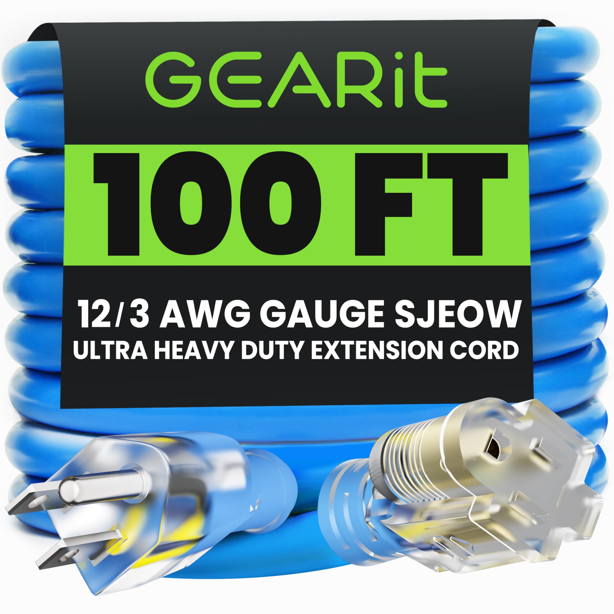 GEARit Outdoor 12 AWG 3 Prong Extension Cord - 100ft Heavy Duty SJEOW 12/3 Wire with LED Lighted Plug, Weatherproof Rubber Jacket for Indoor/Outdoor Use - Perfect for Construction Sites, Workshops, Holiday Lighting & Extreme Weather Conditions