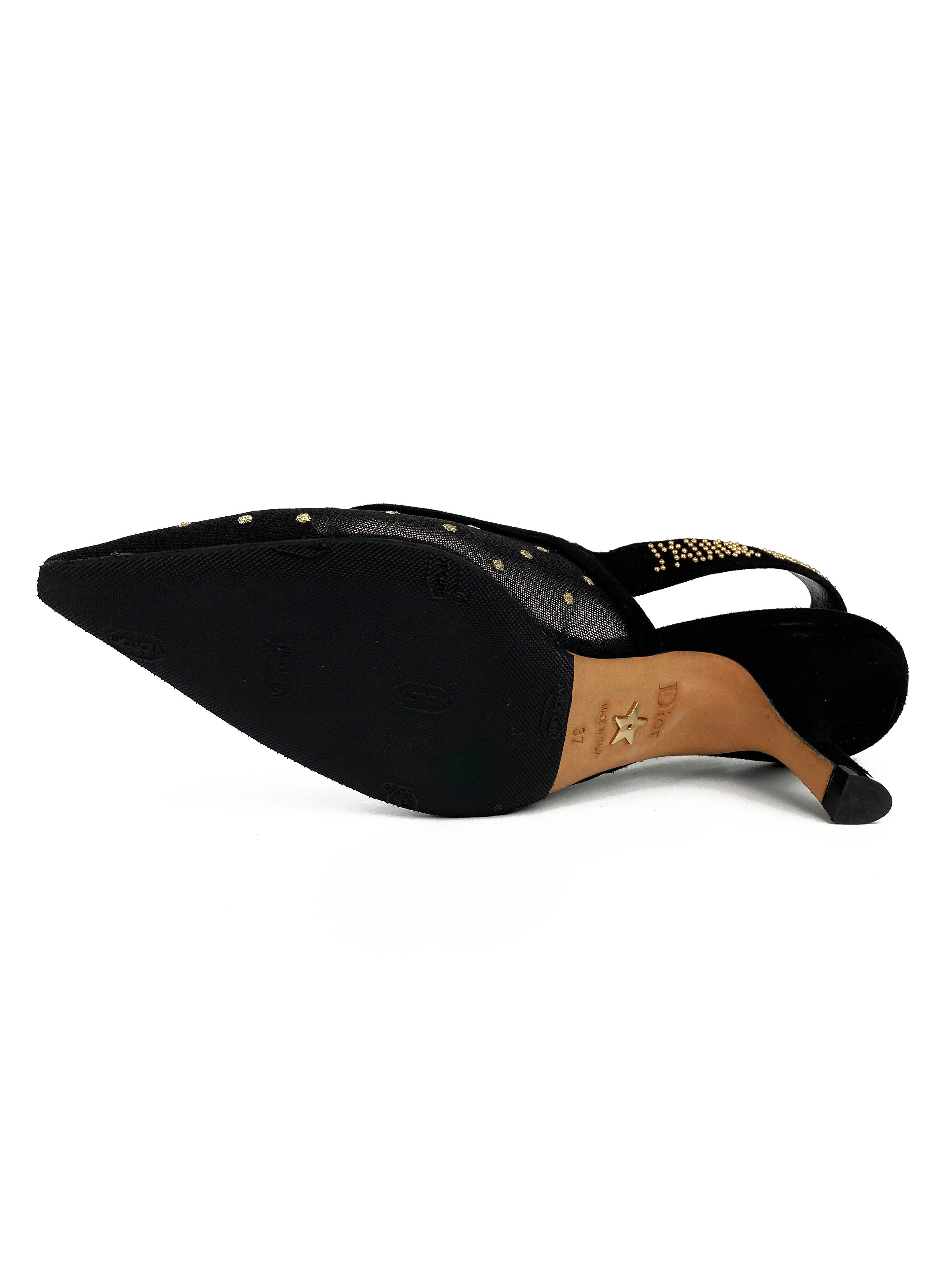Christian Dior Black & Gold Plumetis Slingback Heels Size 37 | Luxury Women's Designer Shoes for Weddings, Parties & Special Occasions